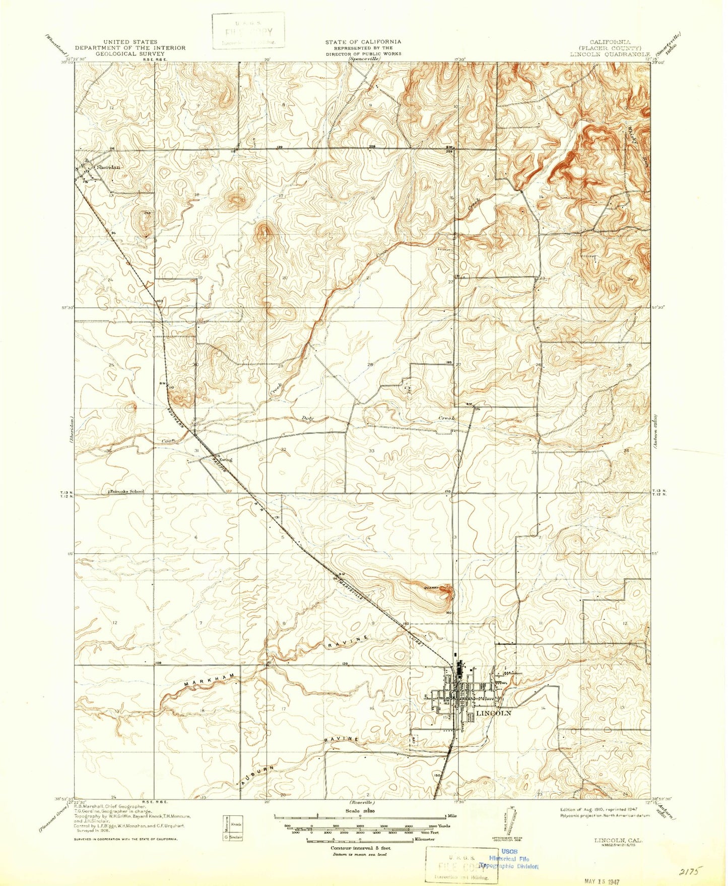 Classic USGS Lincoln California 7.5'x7.5' Topo Map Image