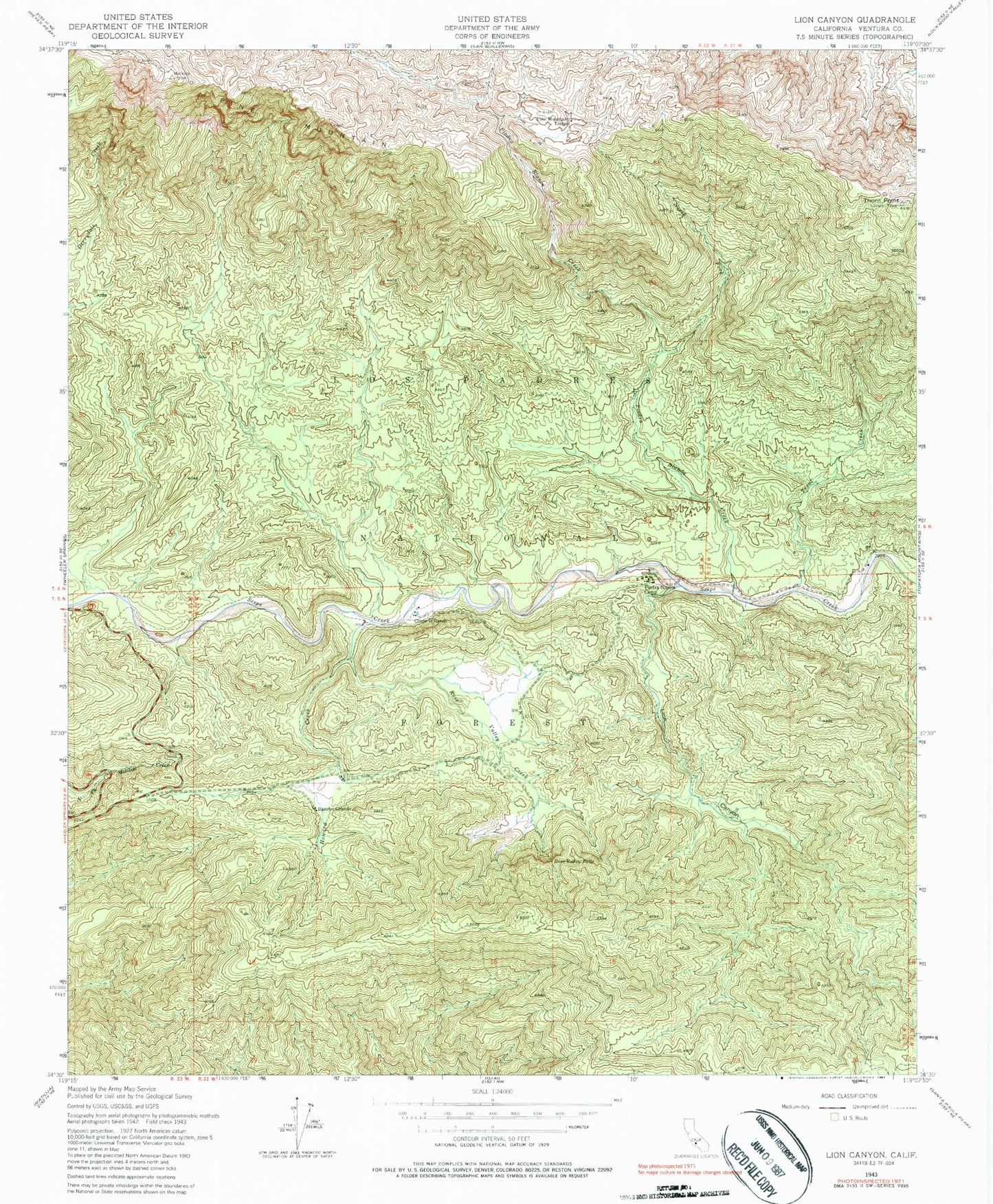 Classic USGS Lion Canyon California 7.5'x7.5' Topo Map Image