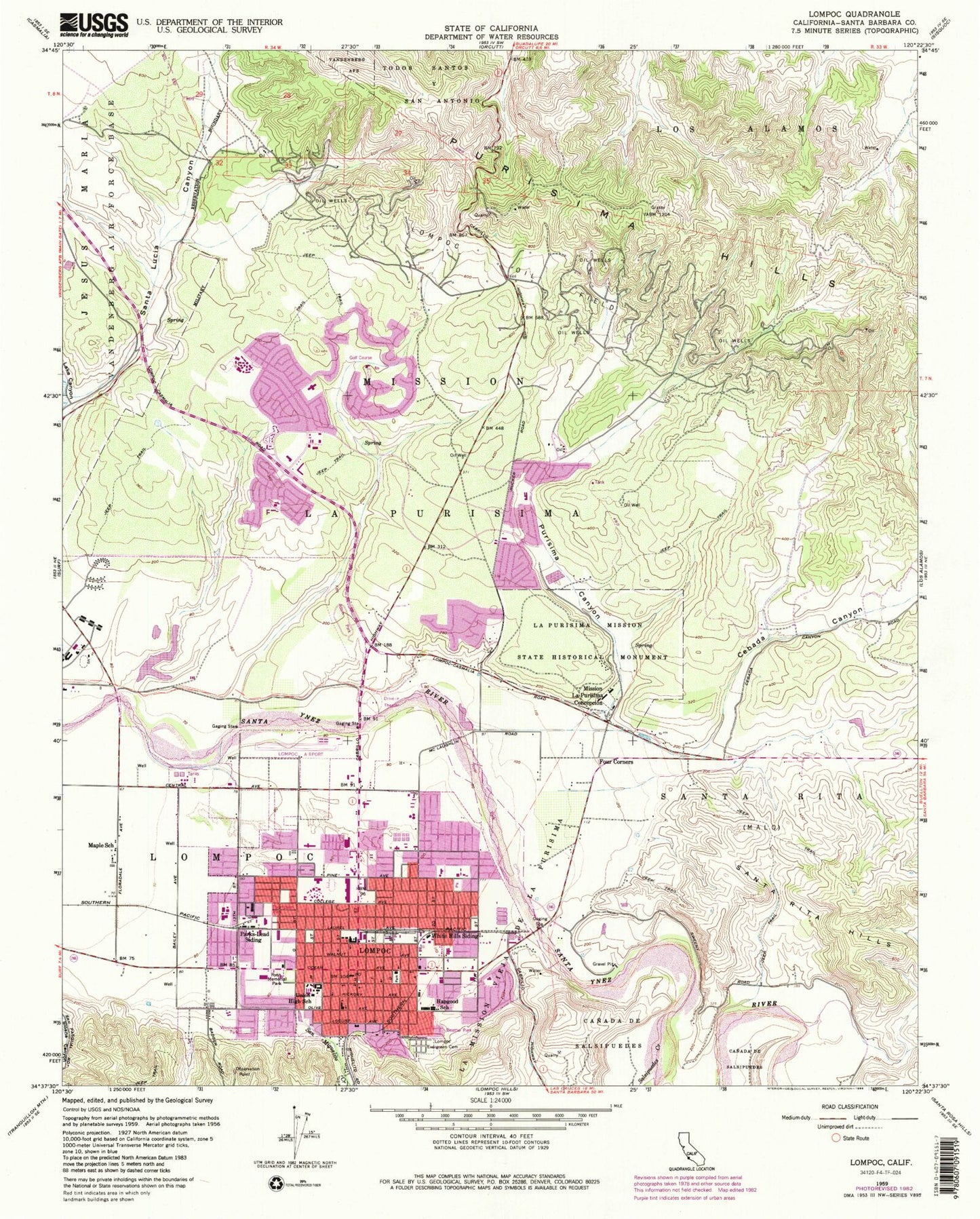 Classic USGS Lompoc California 7.5'x7.5' Topo Map Image