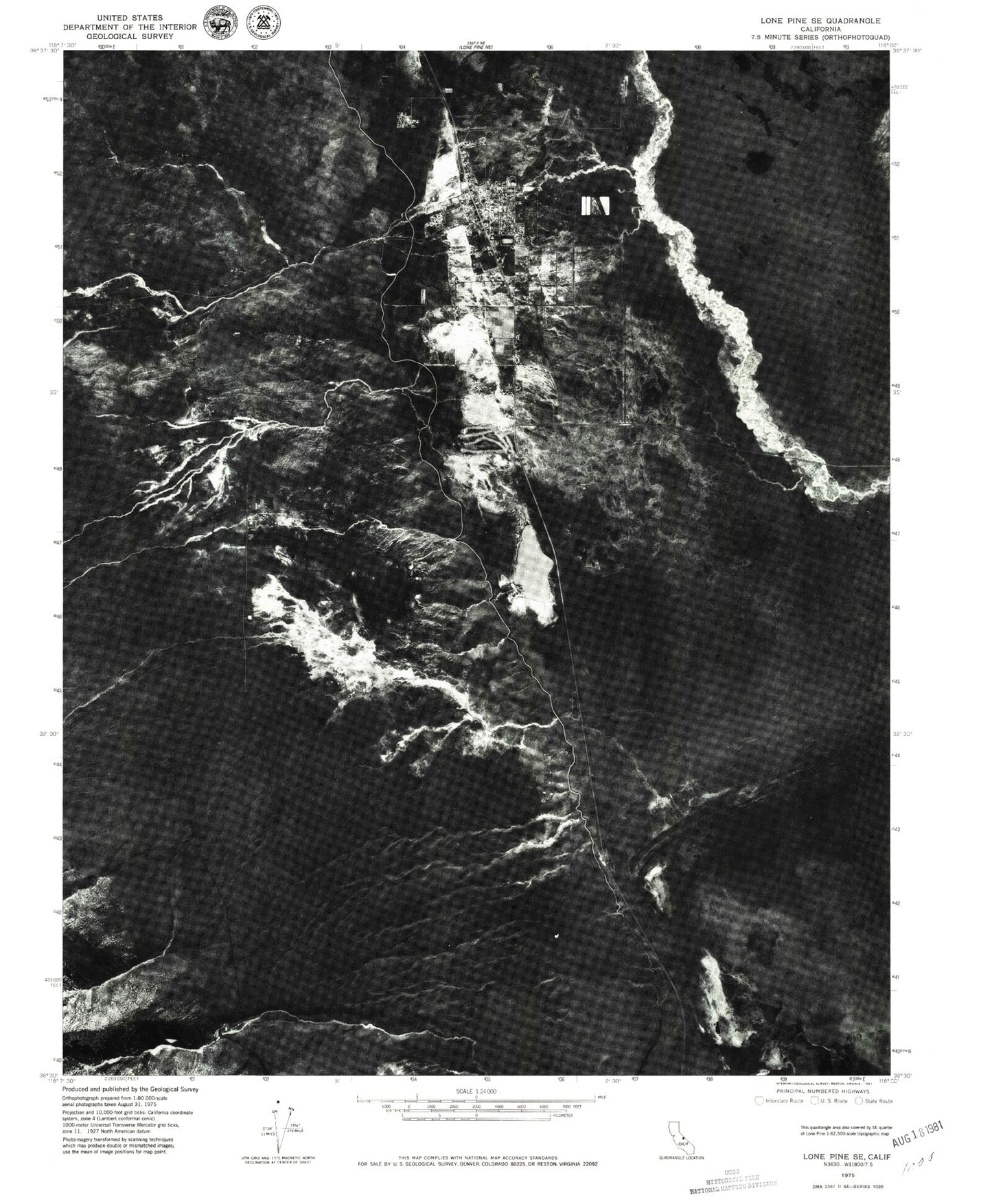 Classic USGS Lone Pine California 7.5'x7.5' Topo Map Image
