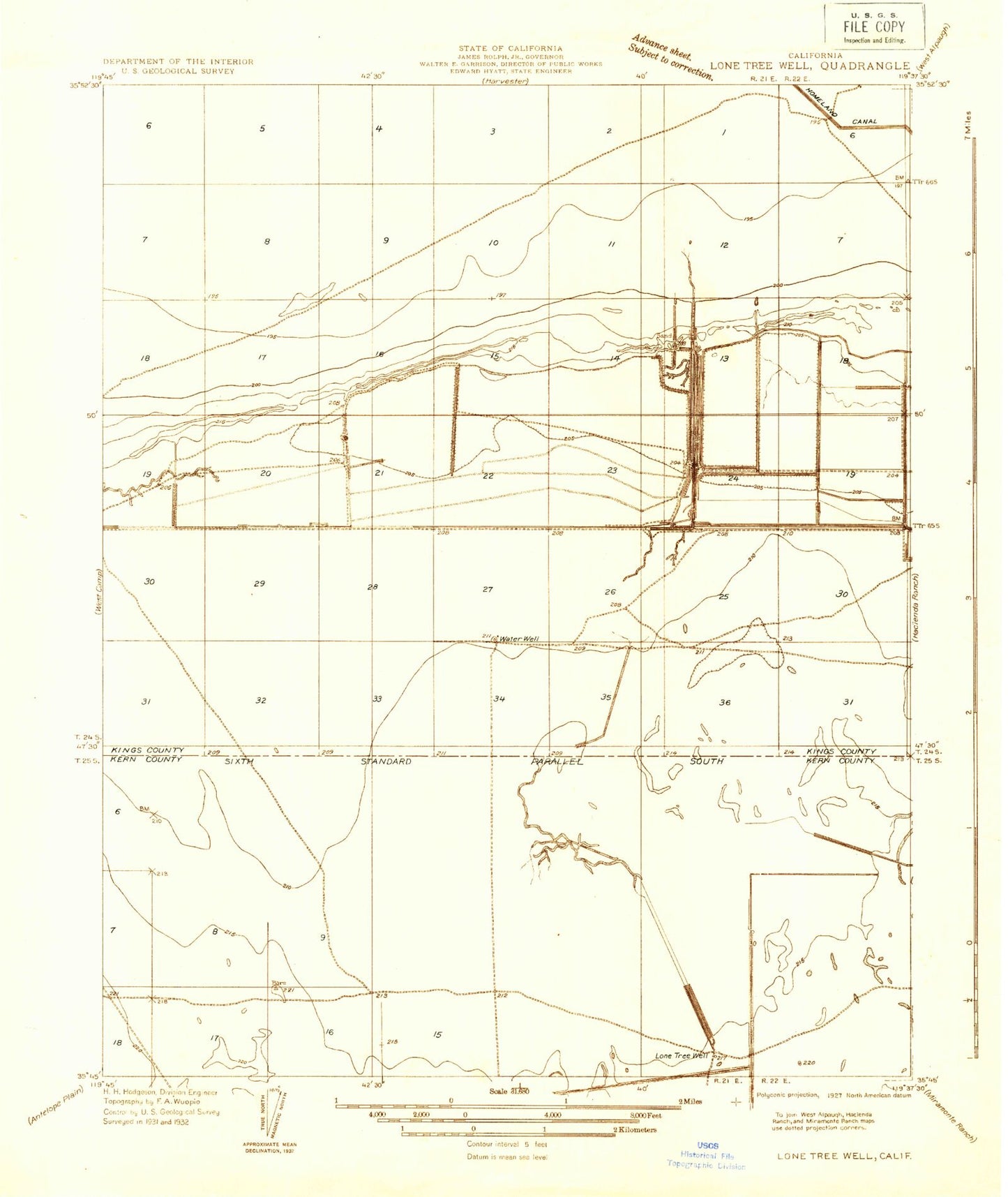 Classic USGS Lone Tree Well California 7.5'x7.5' Topo Map Image