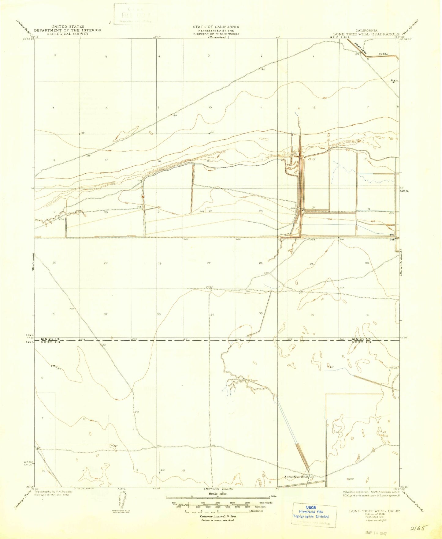 Classic USGS Lone Tree Well California 7.5'x7.5' Topo Map Image