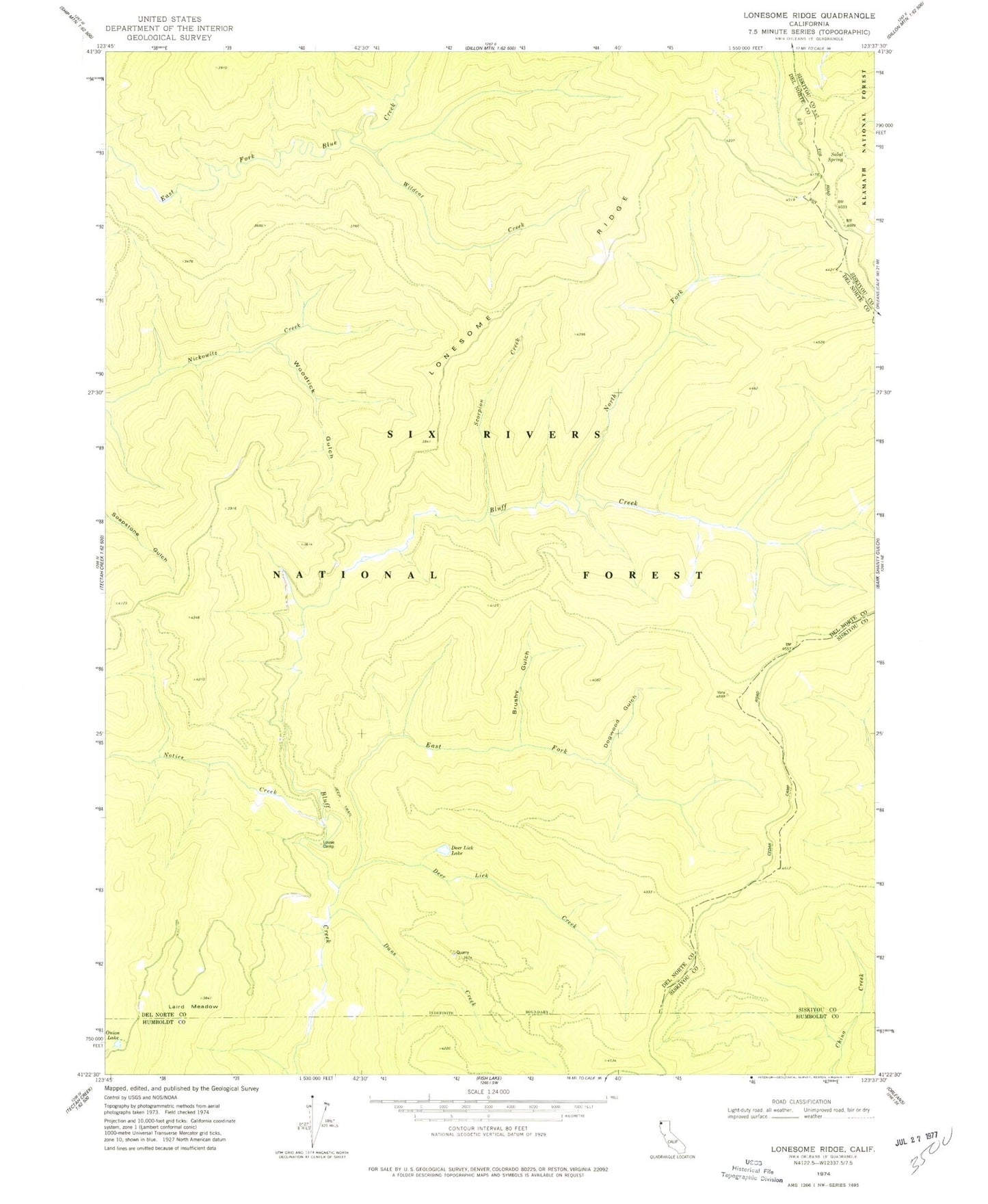 Classic USGS Lonesome Ridge California 7.5'x7.5' Topo Map Image