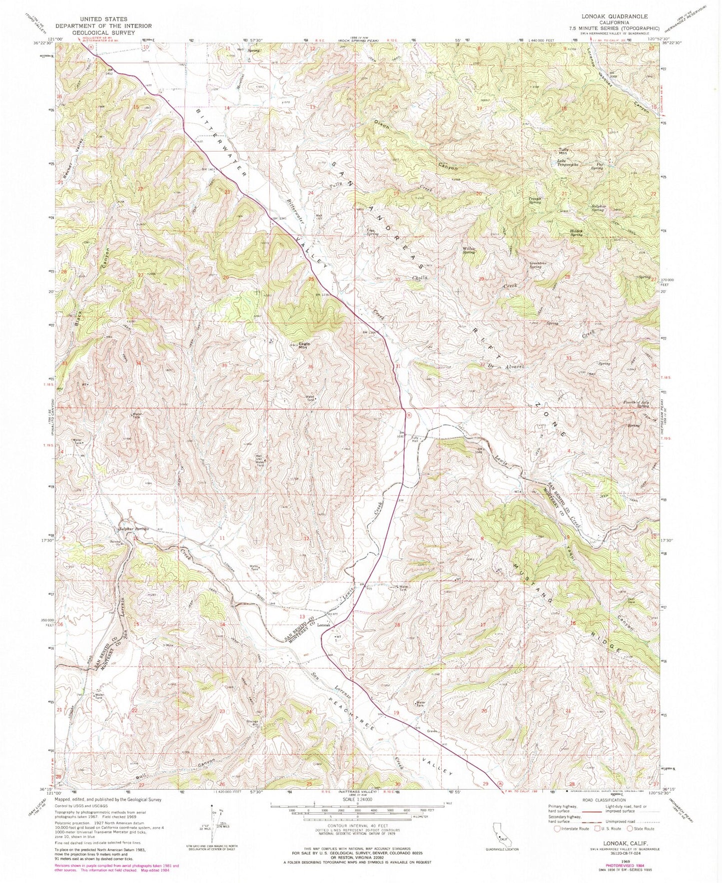 Classic USGS Lonoak California 7.5'x7.5' Topo Map Image