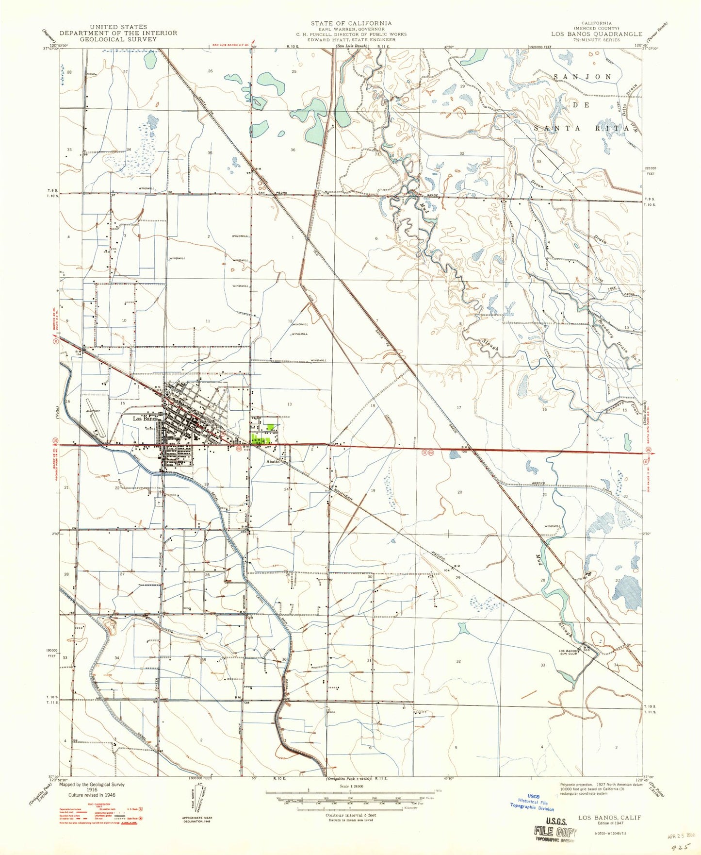 Classic USGS Los Banos California 7.5'x7.5' Topo Map Image