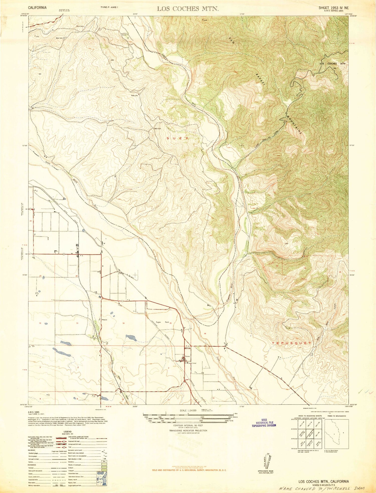 Classic USGS Twitchell Dam California 7.5'x7.5' Topo Map Image