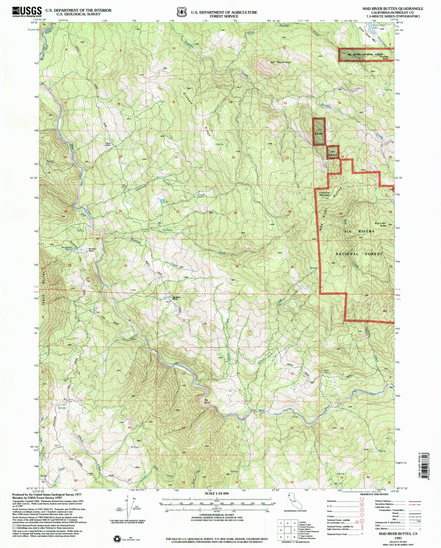 Classic USGS Mad River Buttes California 7.5'x7.5' Topo Map Image