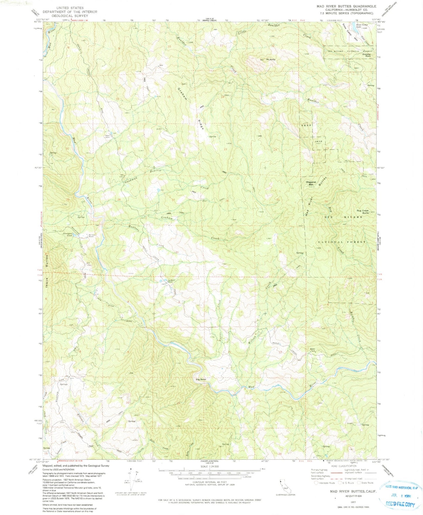 Classic USGS Mad River Buttes California 7.5'x7.5' Topo Map Image