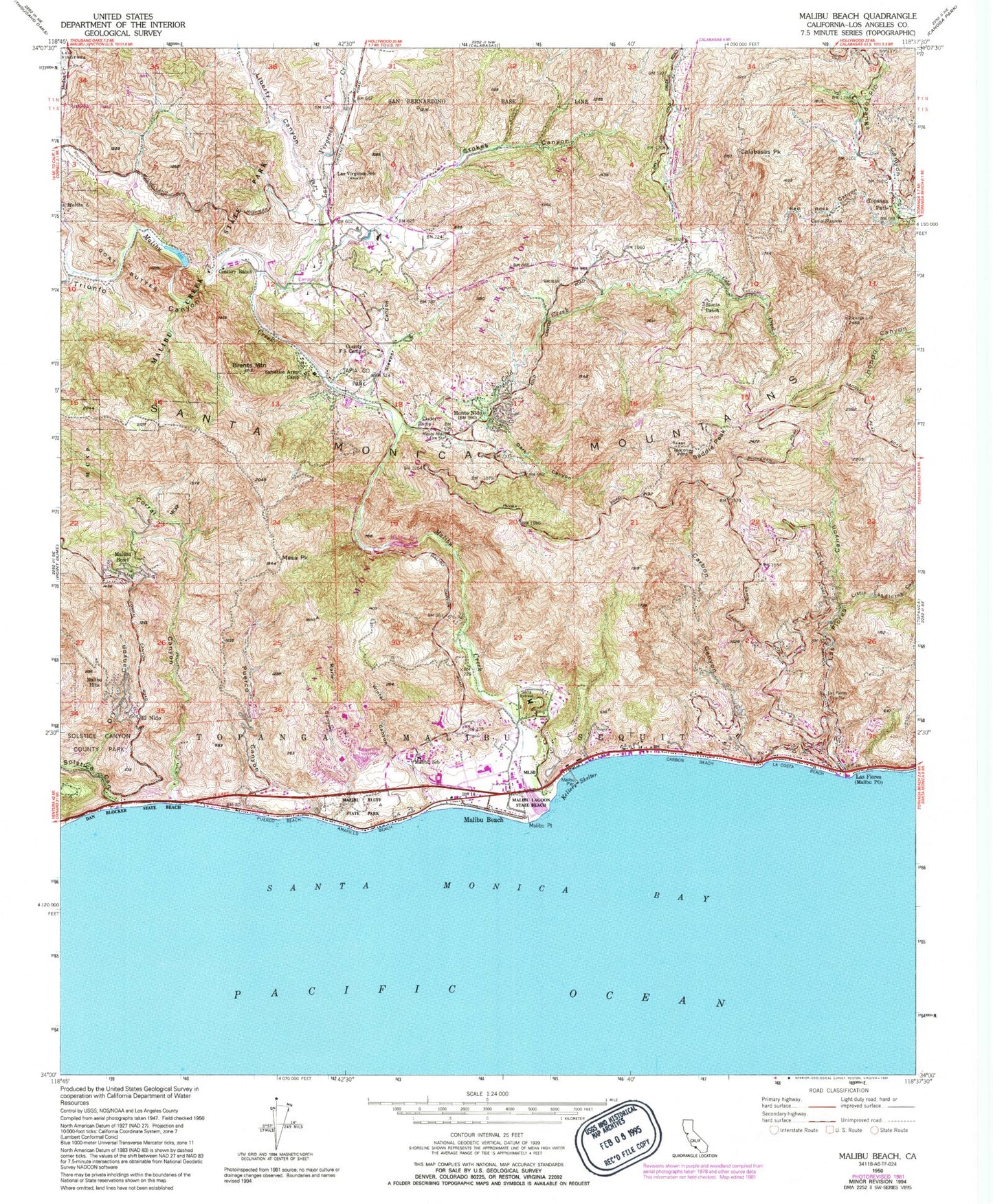 Classic USGS Malibu Beach California 7.5'x7.5' Topo Map Image