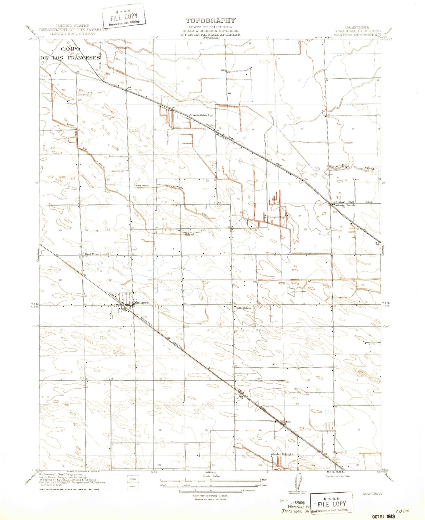 Classic USGS Manteca California 7.5'x7.5' Topo Map Image