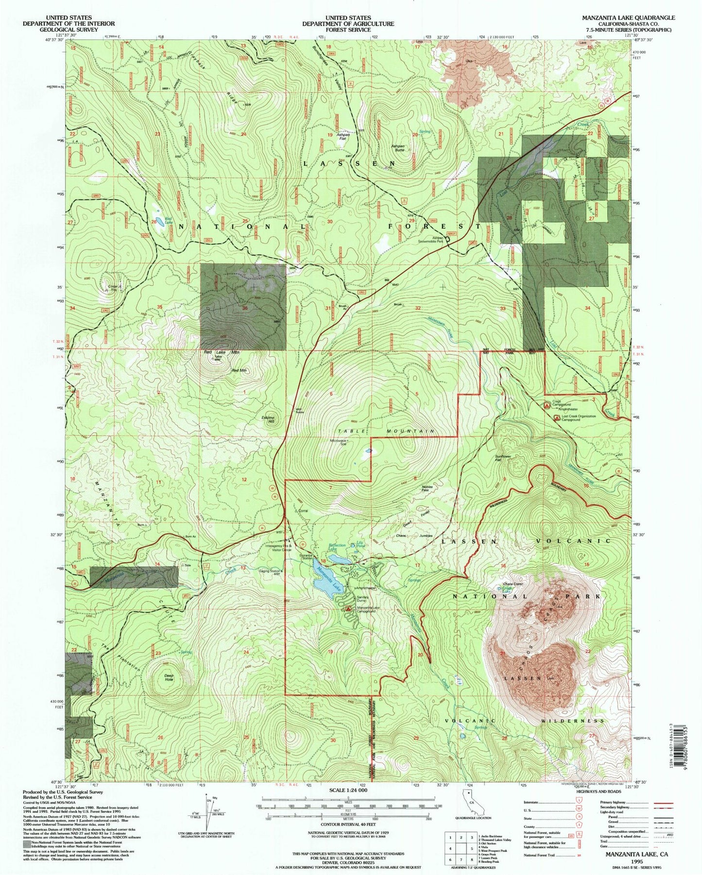 Classic USGS Manzanita Lake California 7.5'x7.5' Topo Map Image