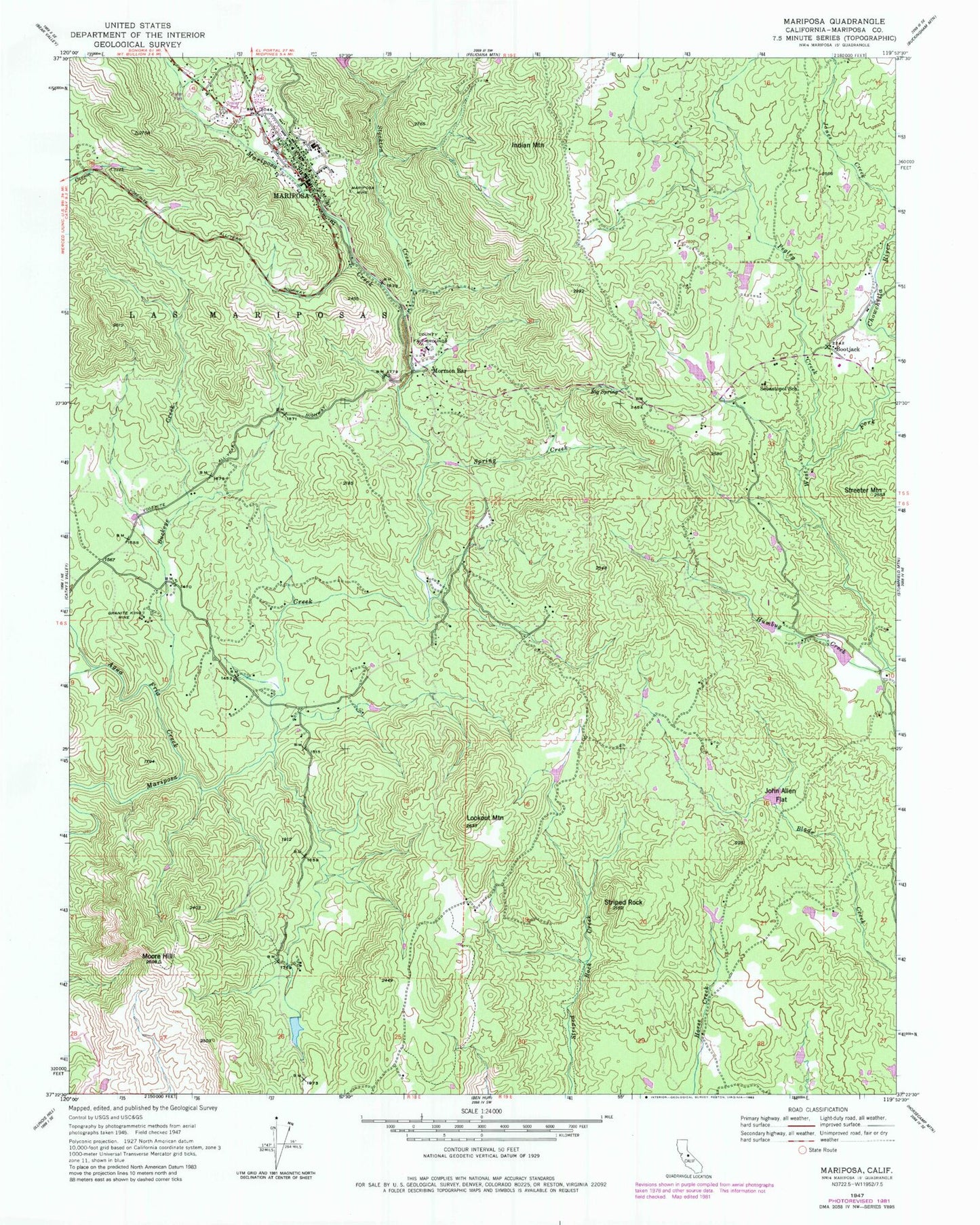 Classic USGS Mariposa California 7.5'x7.5' Topo Map Image