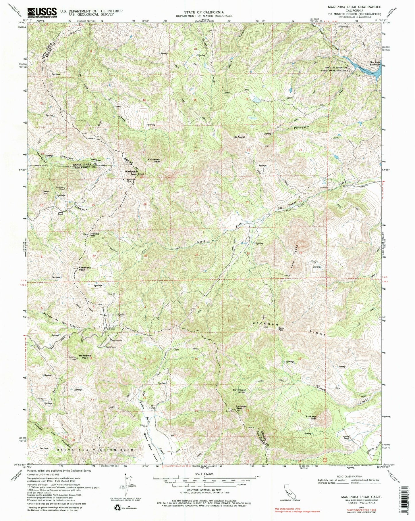 Classic USGS Mariposa Peak California 7.5'x7.5' Topo Map Image