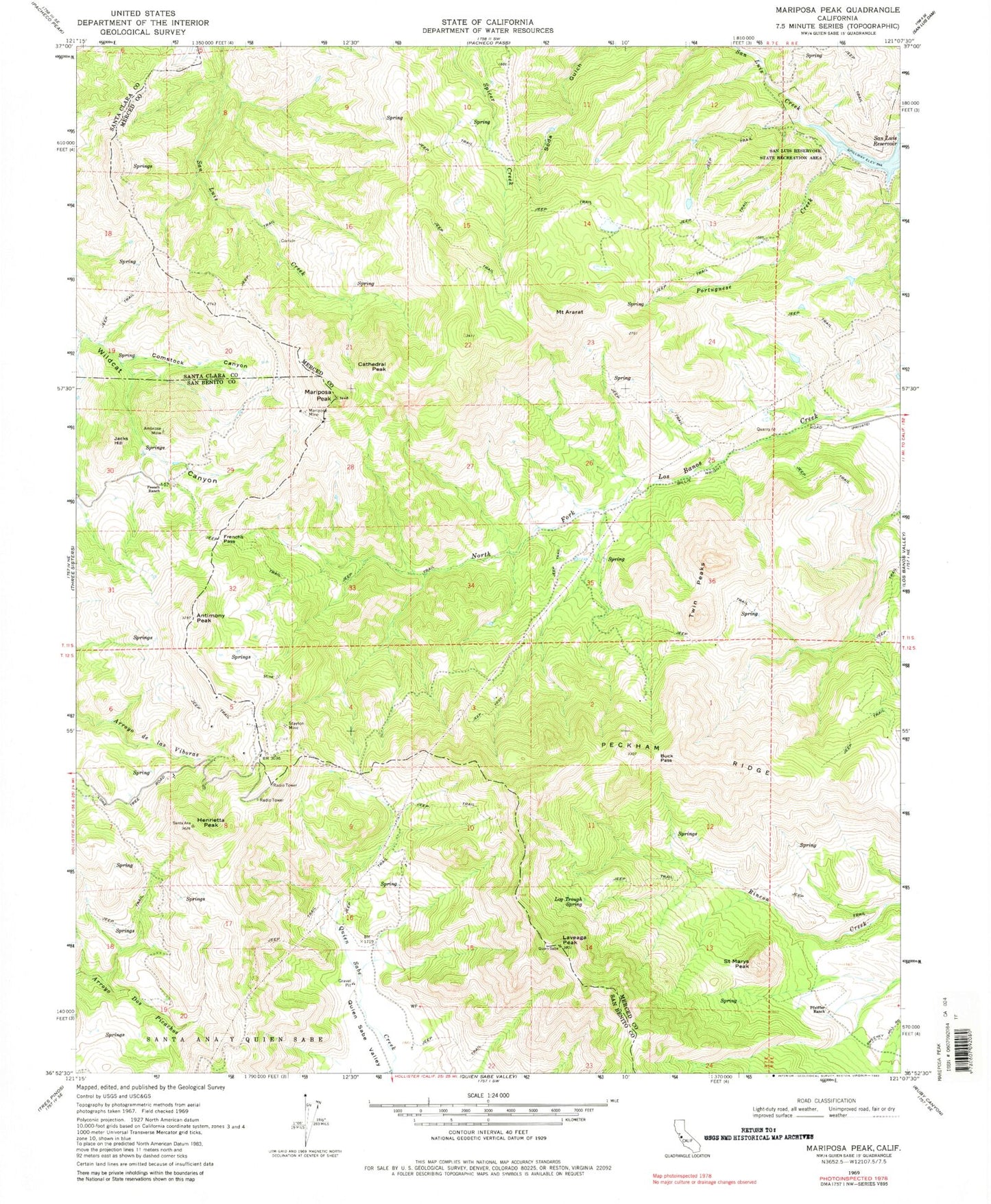 Classic USGS Mariposa Peak California 7.5'x7.5' Topo Map Image