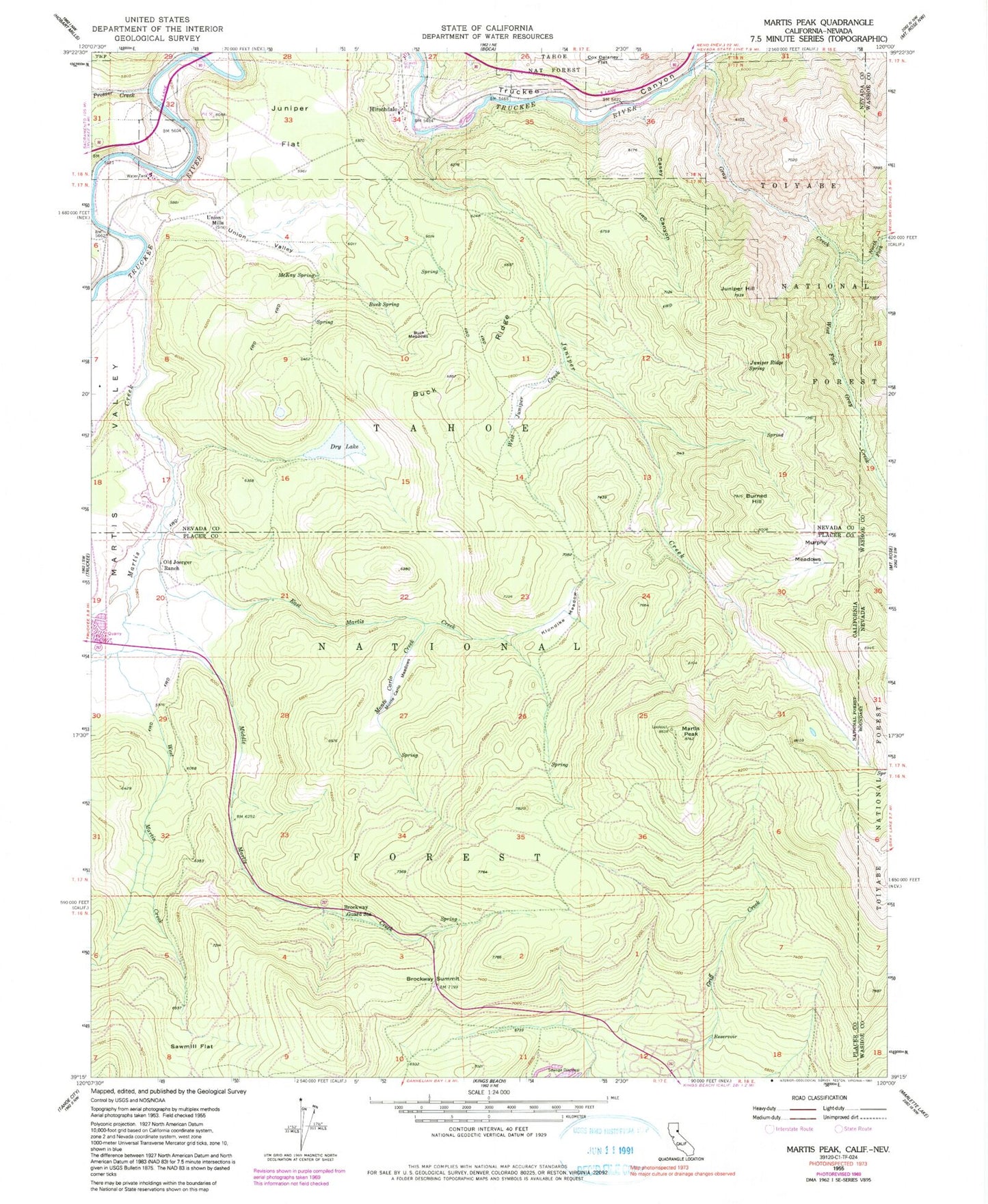 Classic USGS Martis Peak California 7.5'x7.5' Topo Map Image