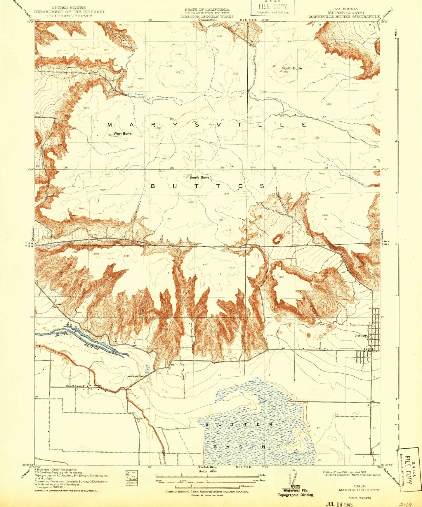Classic USGS Sutter Buttes California 7.5'x7.5' Topo Map Image