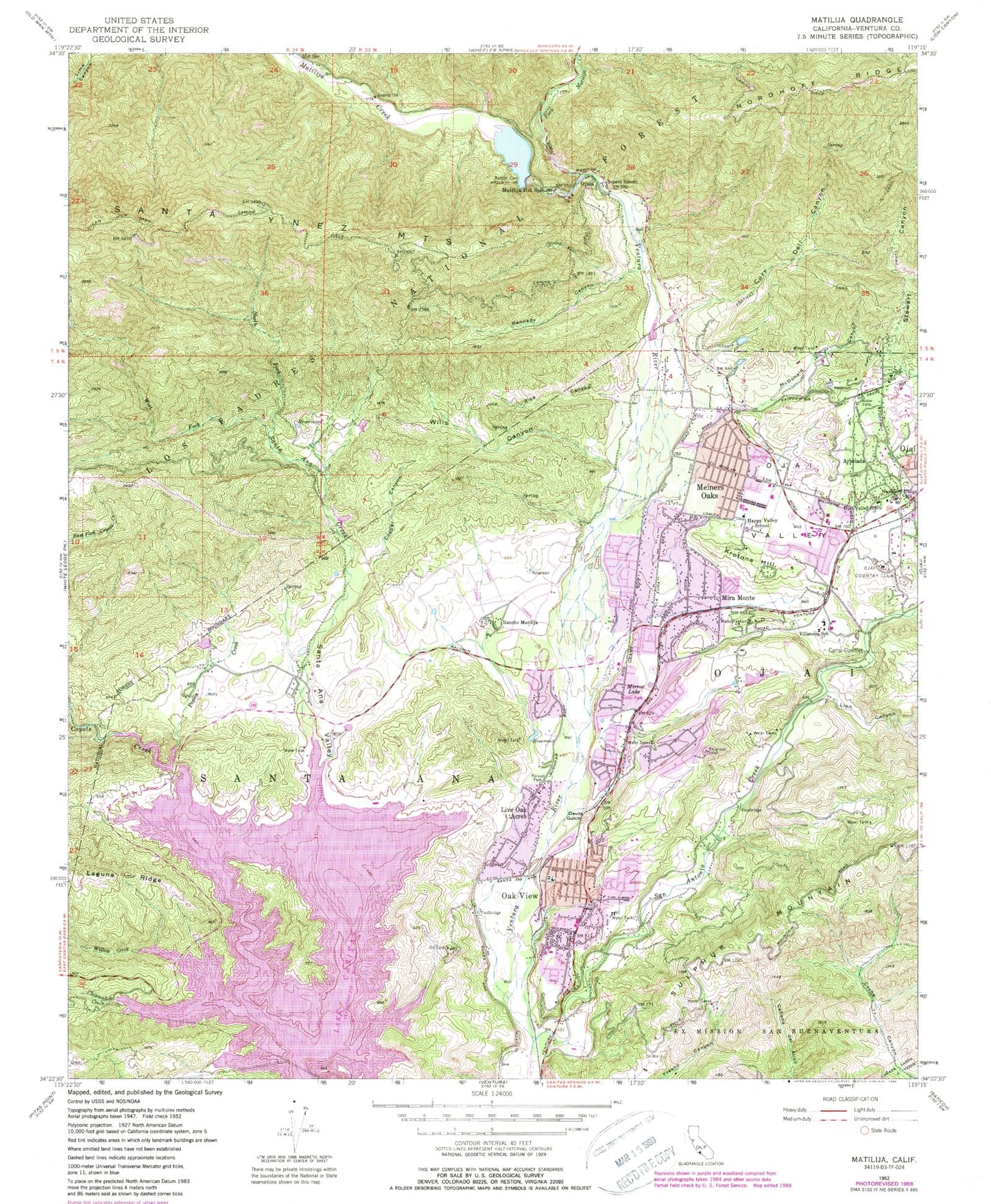Classic USGS Matilija California 7.5'x7.5' Topo Map Image