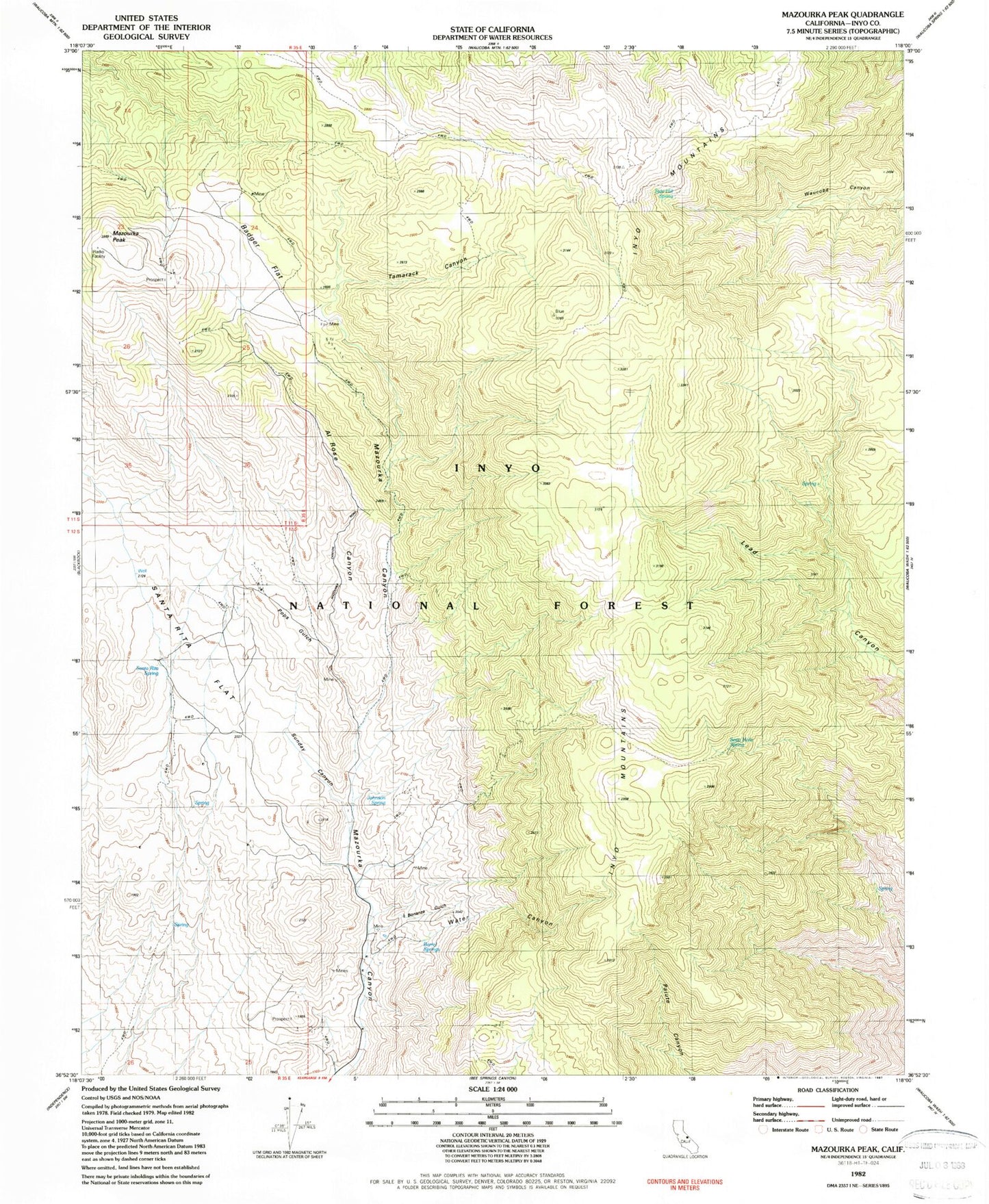 Classic USGS Mazourka Peak California 7.5'x7.5' Topo Map Image