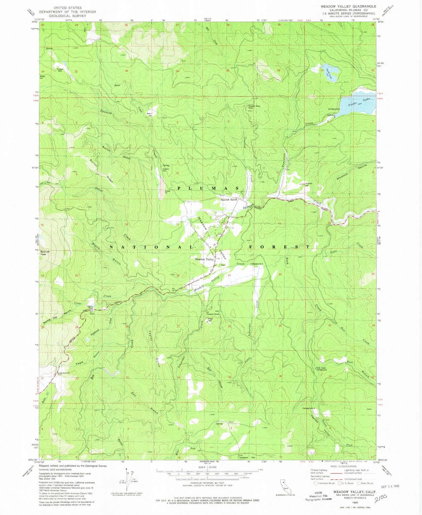 Classic USGS Meadow Valley California 7.5'x7.5' Topo Map Image