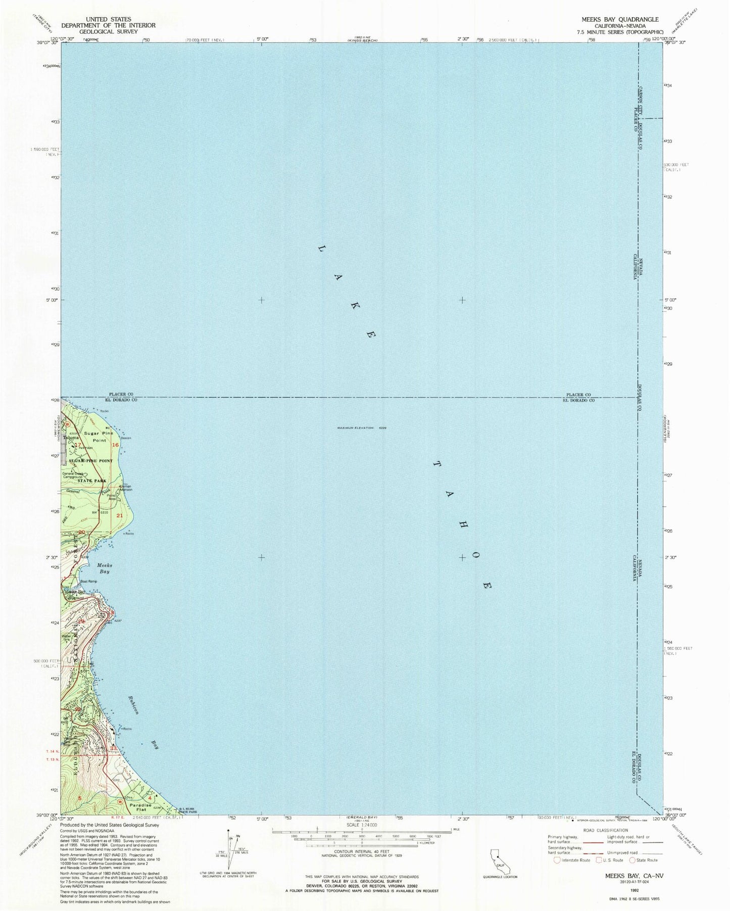 Classic USGS Meeks Bay California 7.5'x7.5' Topo Map Image