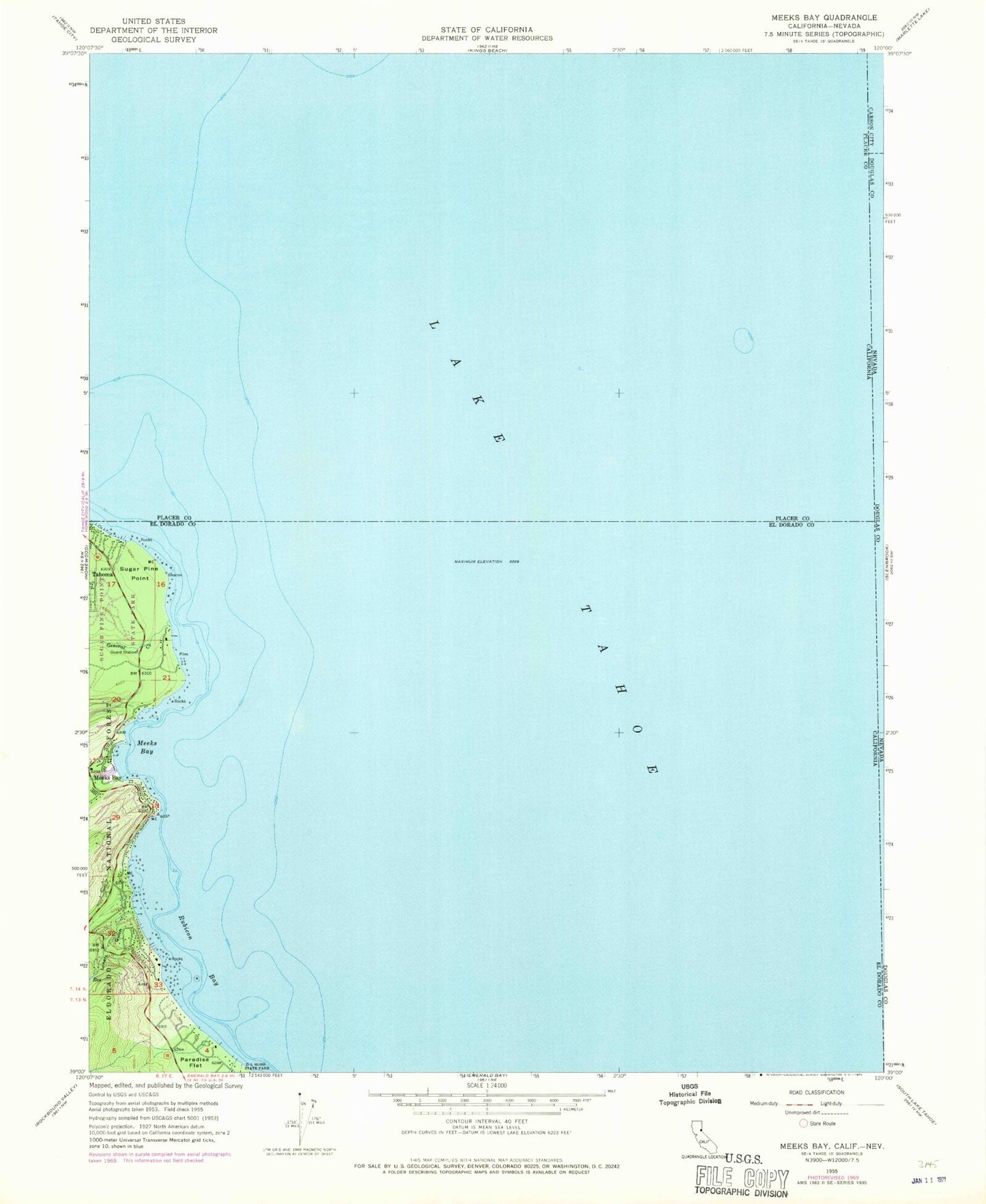 Classic USGS Meeks Bay California 7.5'x7.5' Topo Map Image