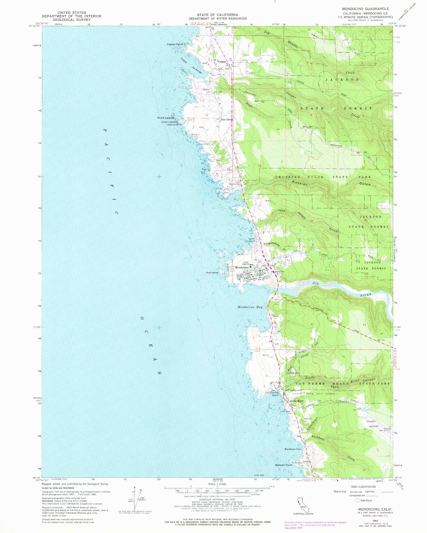 Classic USGS Mendocino California 7.5'x7.5' Topo Map Image