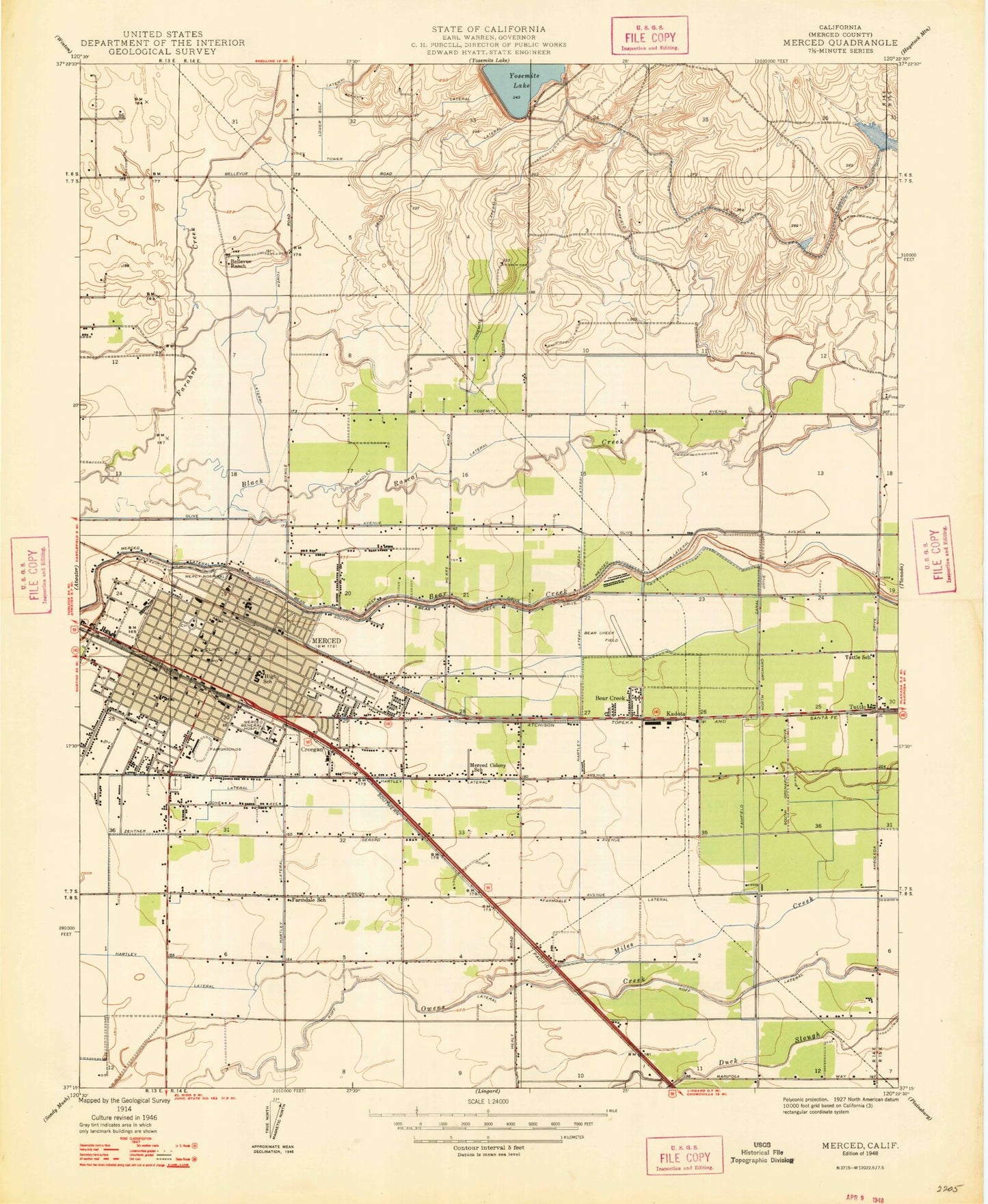 Classic USGS Merced California 7.5'x7.5' Topo Map Image