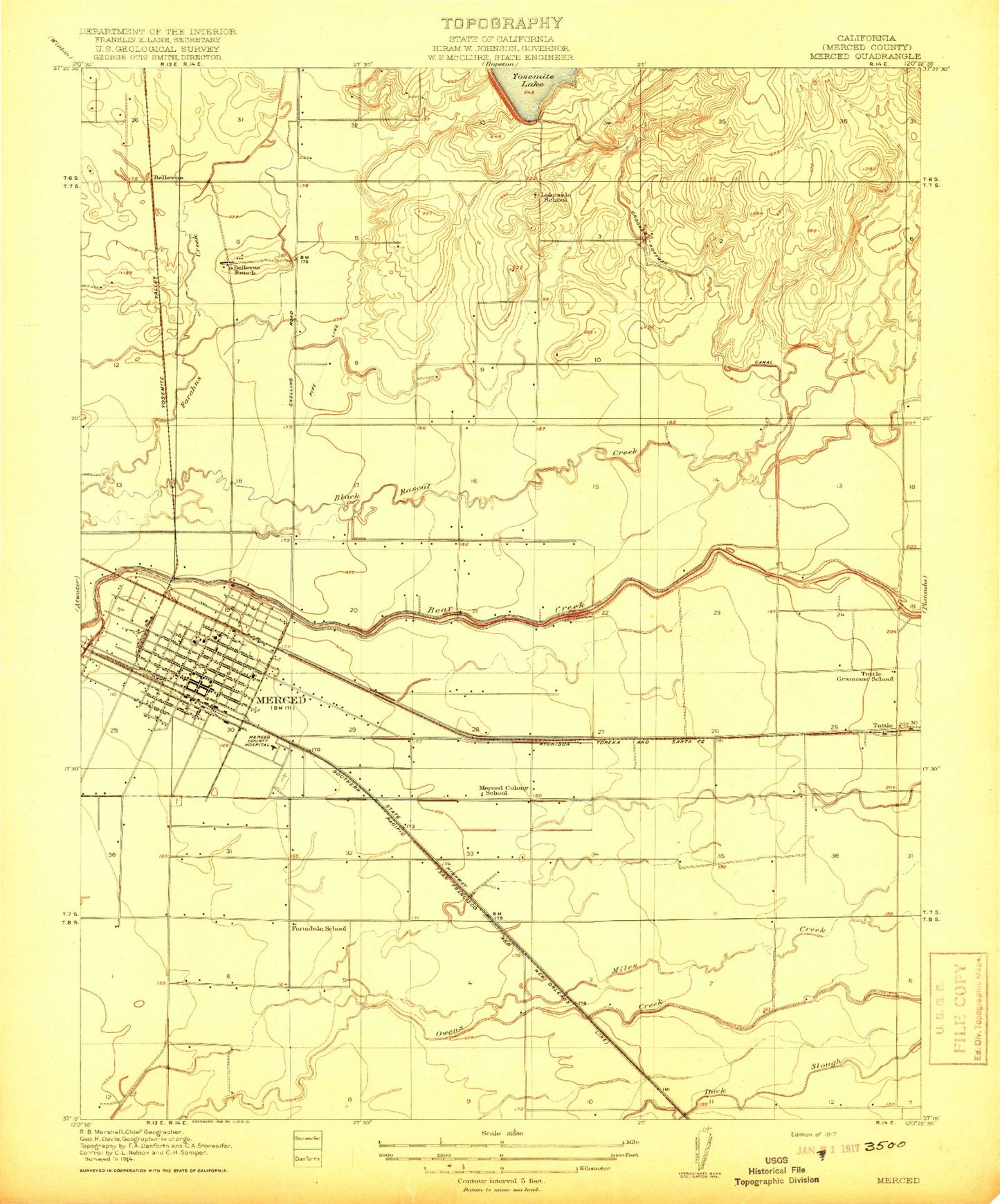 Classic USGS Merced California 7.5'x7.5' Topo Map Image