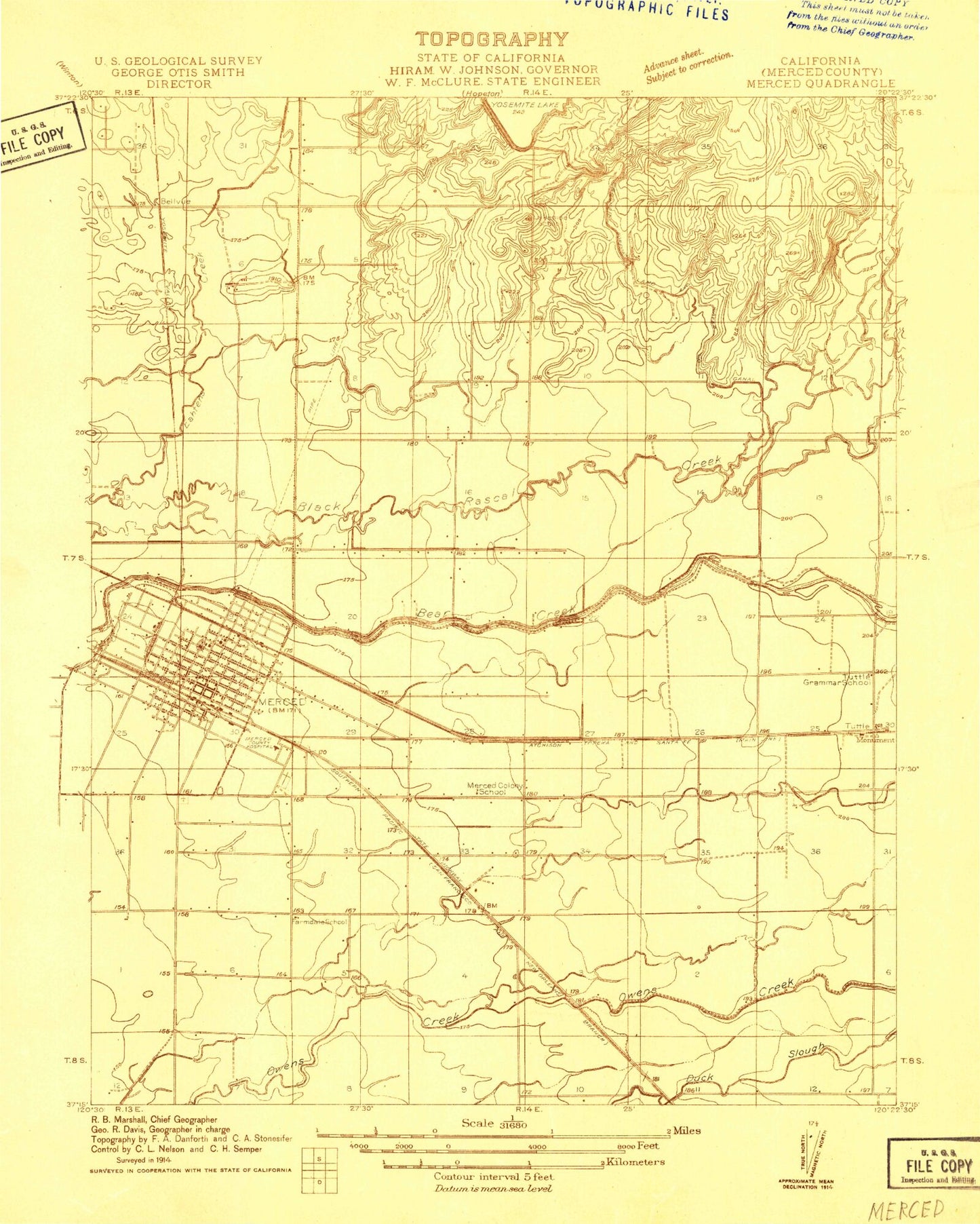 Classic USGS Merced California 7.5'x7.5' Topo Map Image