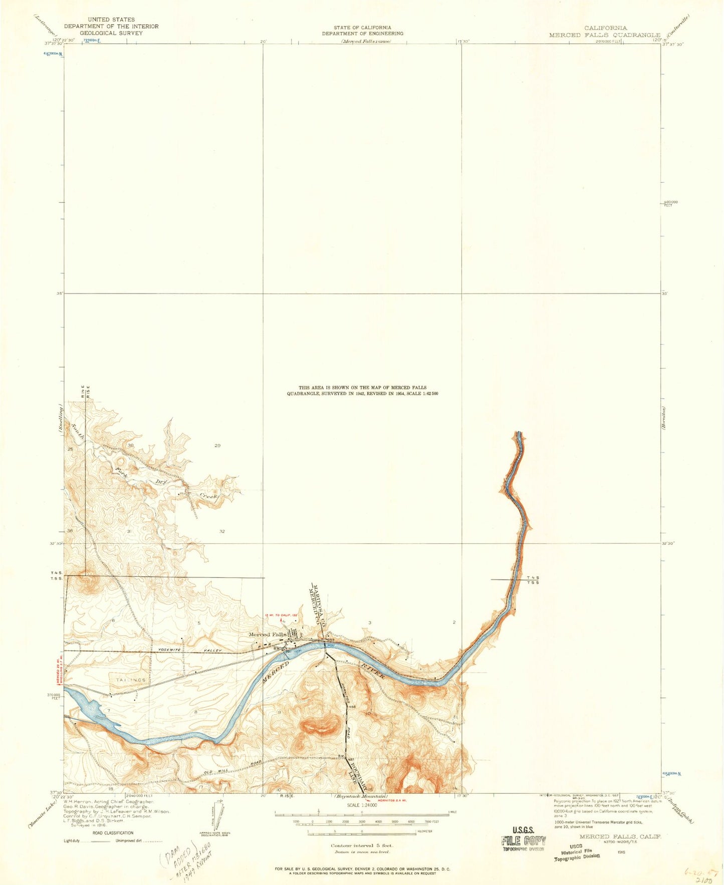 Classic USGS Merced Falls California 7.5'x7.5' Topo Map Image