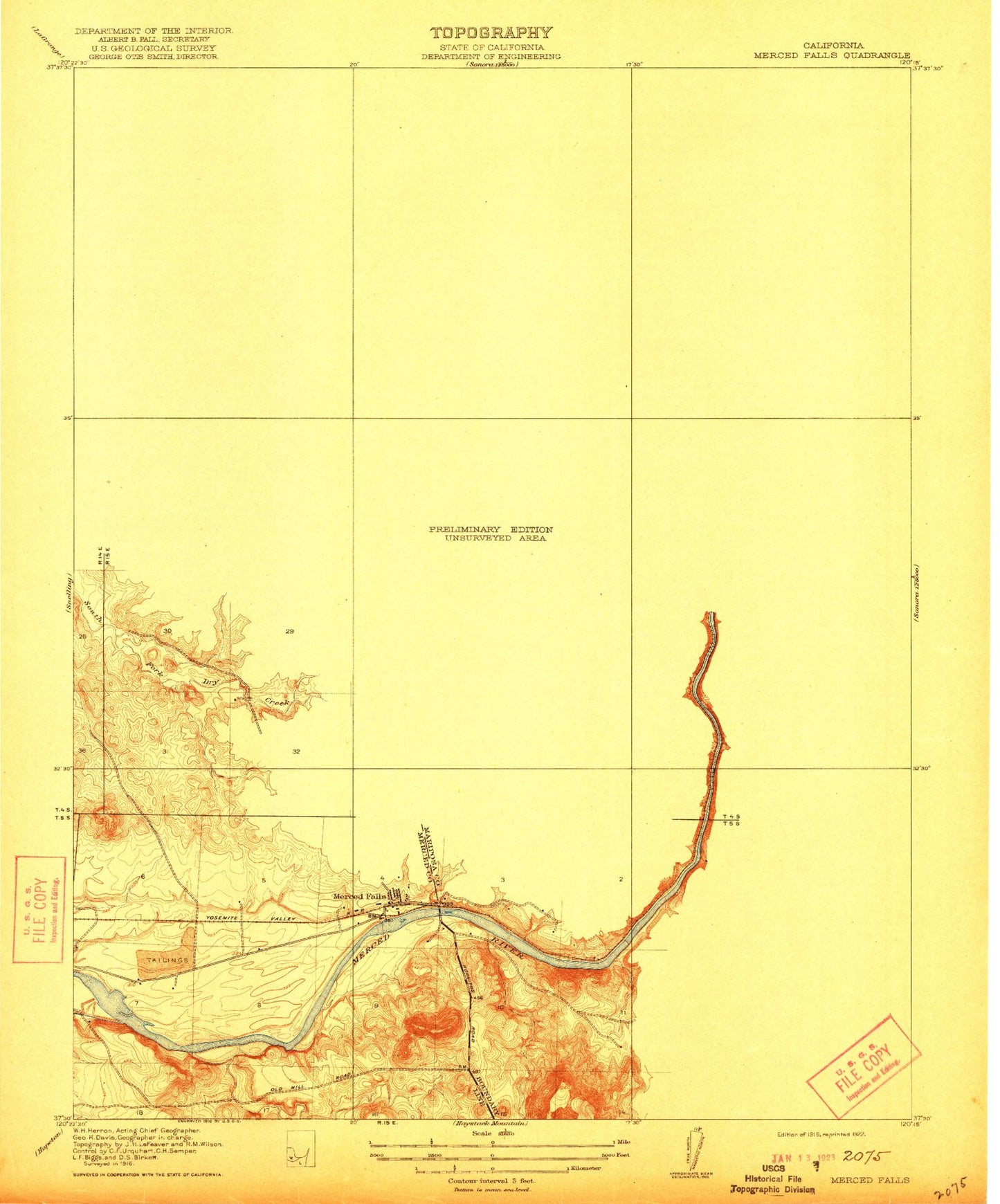 Classic USGS Merced Falls California 7.5'x7.5' Topo Map Image