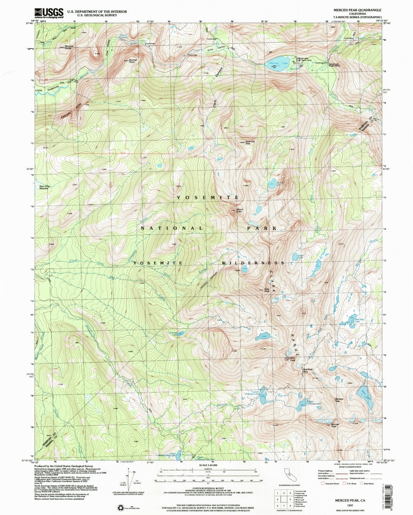 USGS Classic Merced Peak California 7.5'x7.5' Topo Map Image