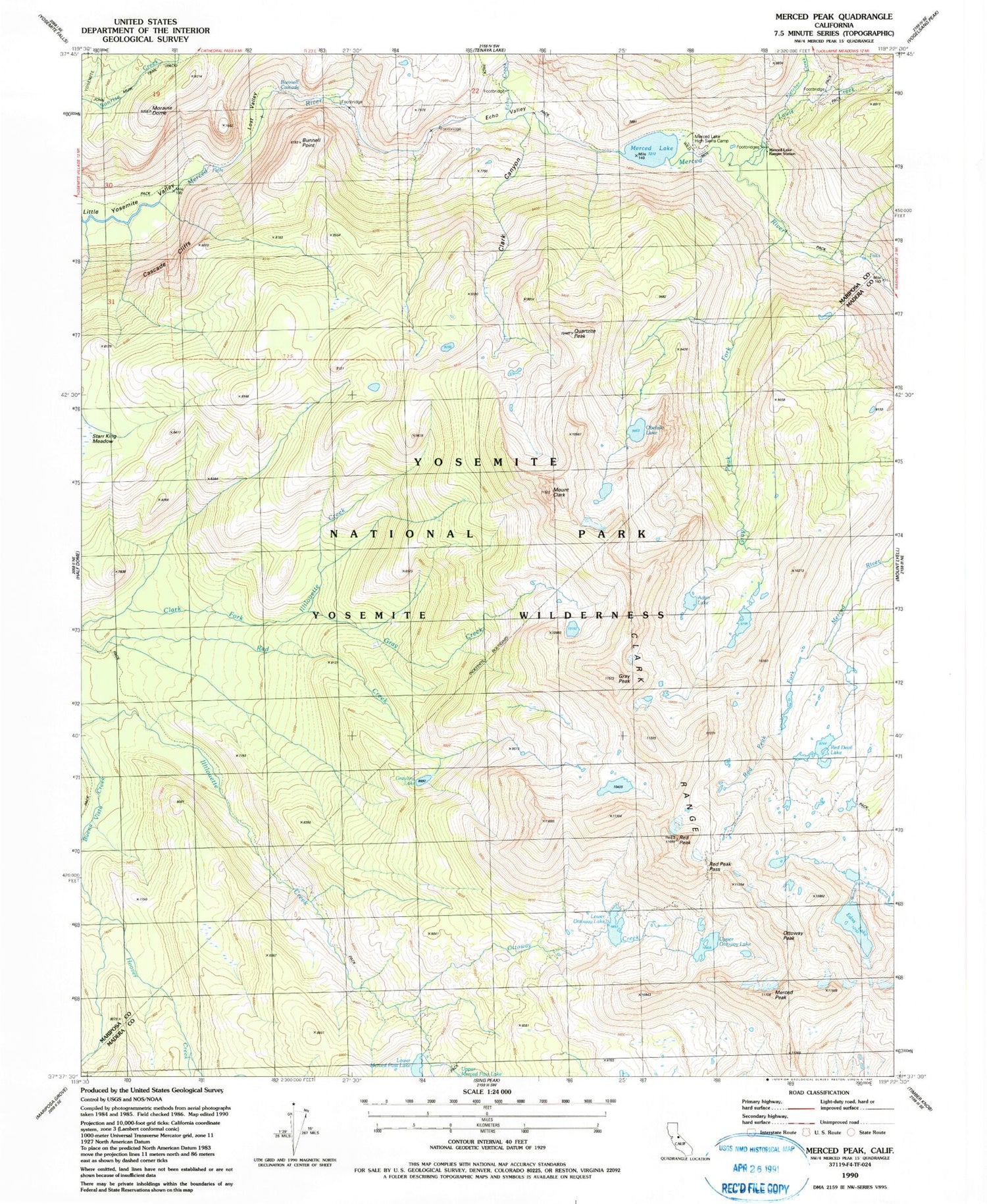 USGS Classic Merced Peak California 7.5'x7.5' Topo Map Image