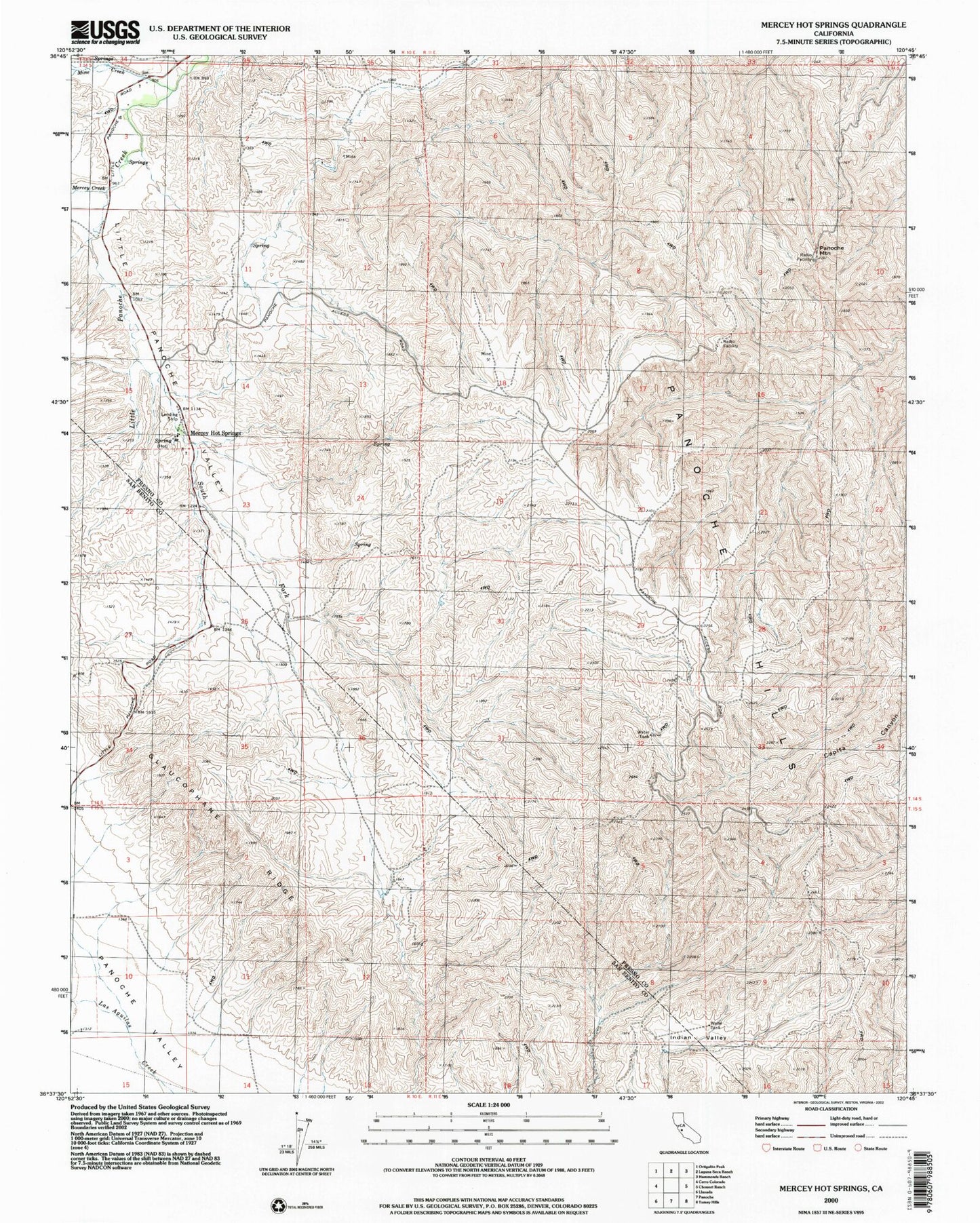 Classic USGS Mercey Hot Springs California 7.5'x7.5' Topo Map Image