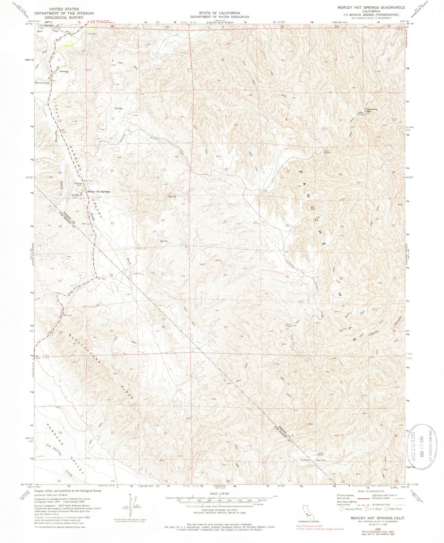 Classic USGS Mercey Hot Springs California 7.5'x7.5' Topo Map Image