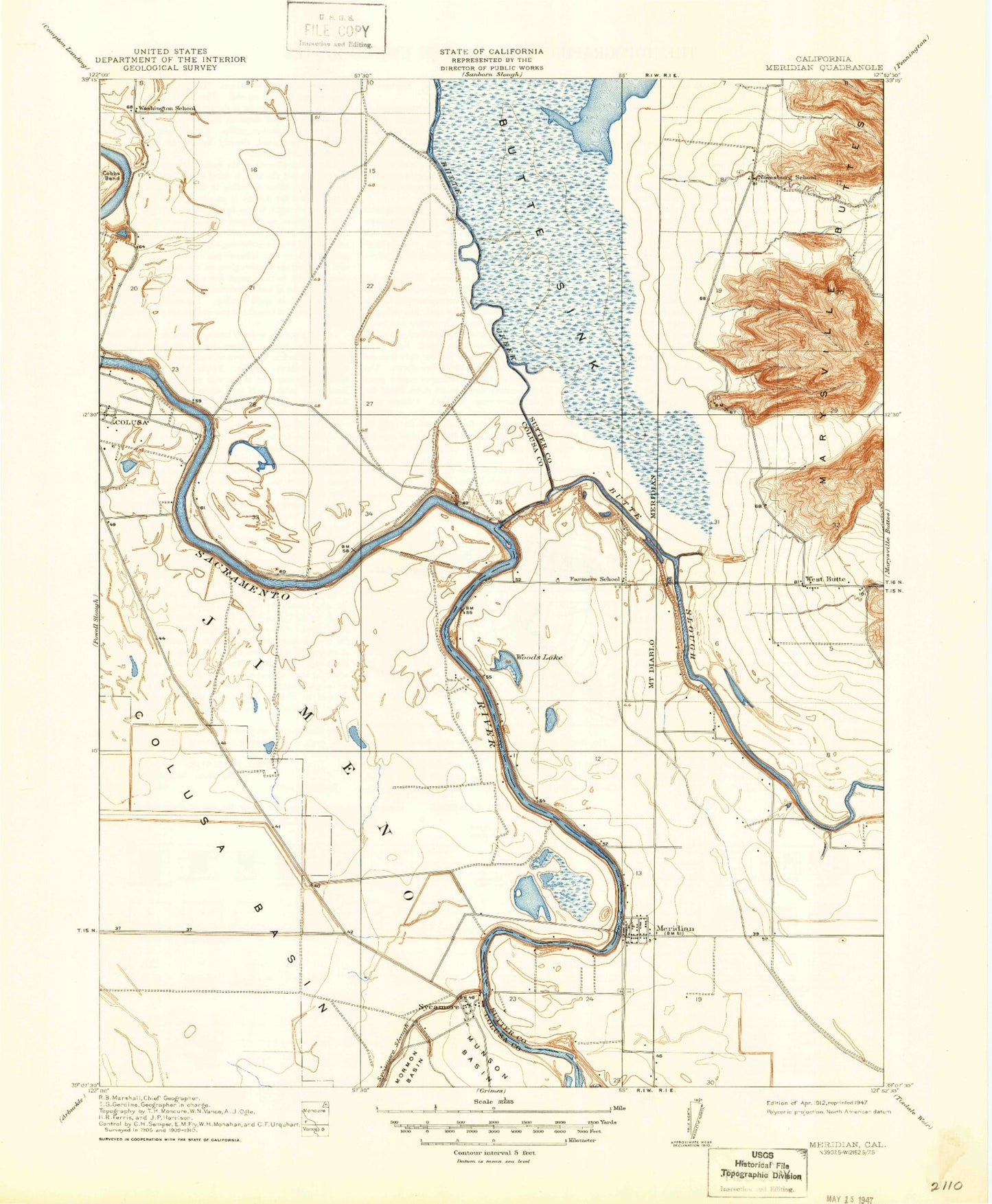 Classic USGS Meridian California 7.5'x7.5' Topo Map Image