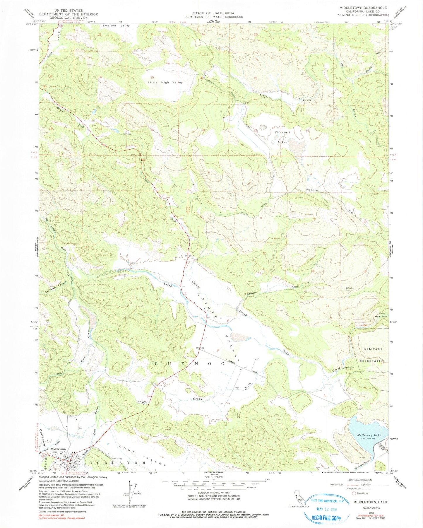 Classic USGS Middletown California 7.5'x7.5' Topo Map Image