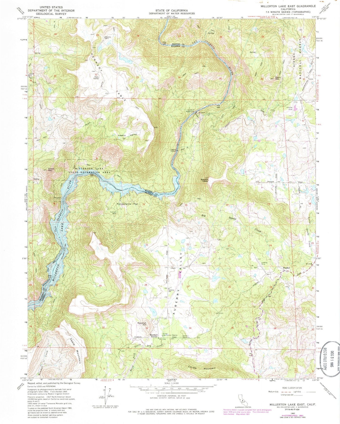 Classic USGS Millerton Lake East California 7.5'x7.5' Topo Map Image