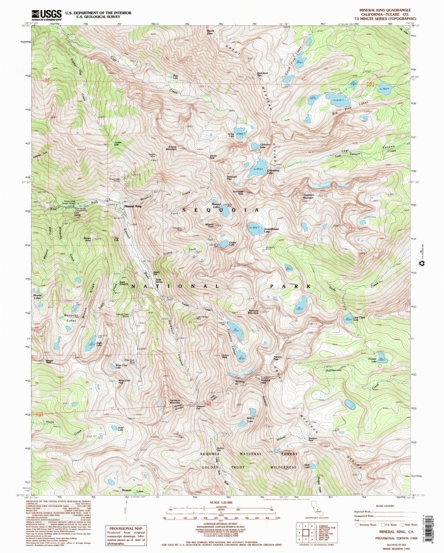 USGS Classic Mineral King California 7.5'x7.5' Topo Map Image