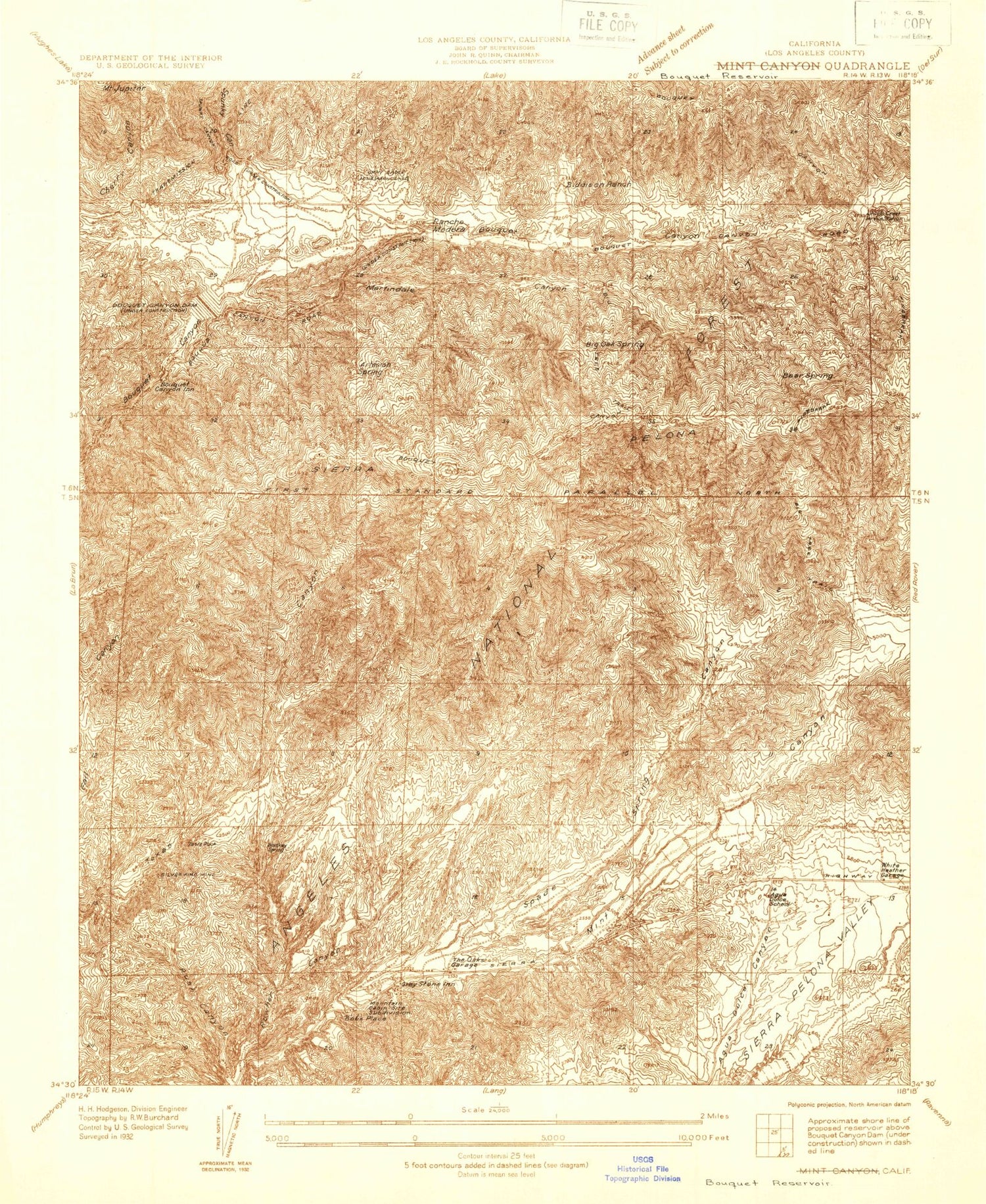 Classic USGS Bouquet Reservoir California 7.5'x7.5' Topo Map Image