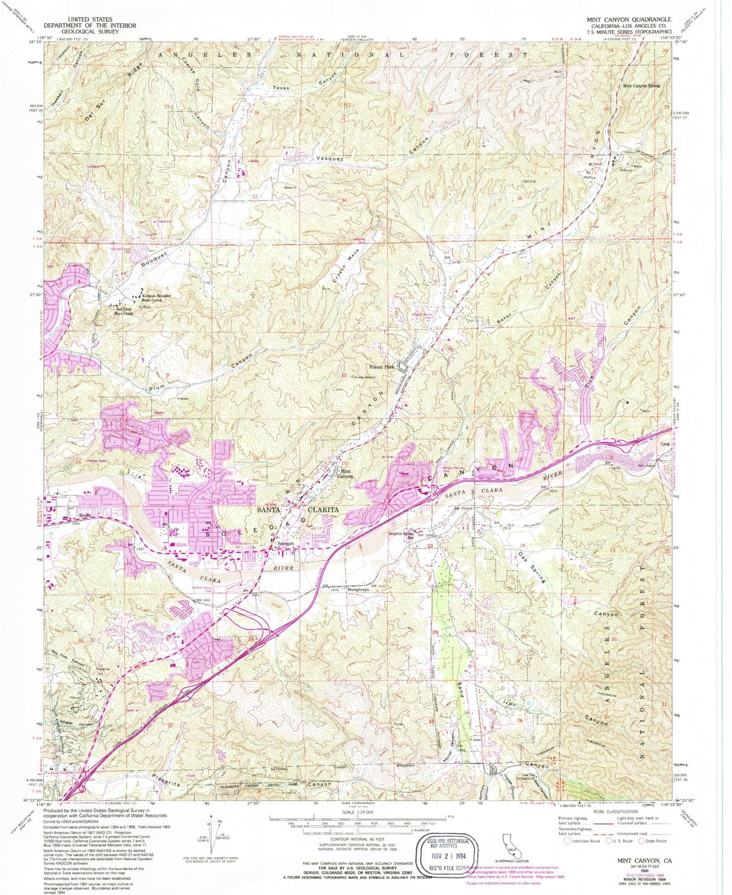 Classic USGS Mint Canyon California 7.5'x7.5' Topo Map Image