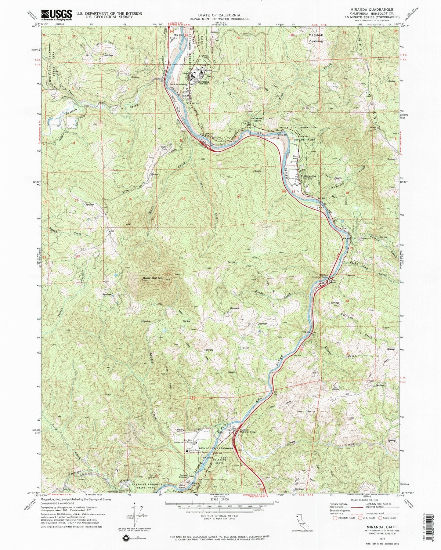 Classic USGS Miranda California 7.5'x7.5' Topo Map Image