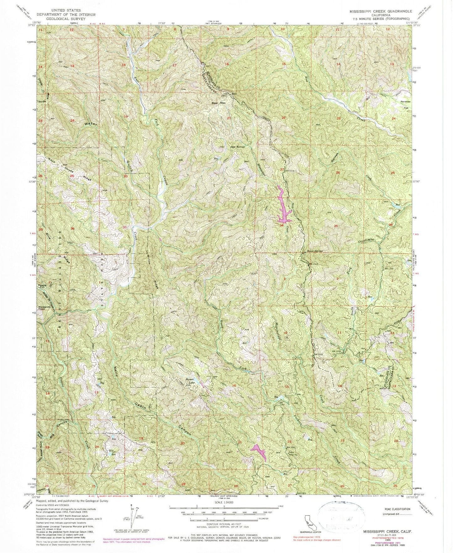 Classic USGS Mississippi Creek California 7.5'x7.5' Topo Map Image