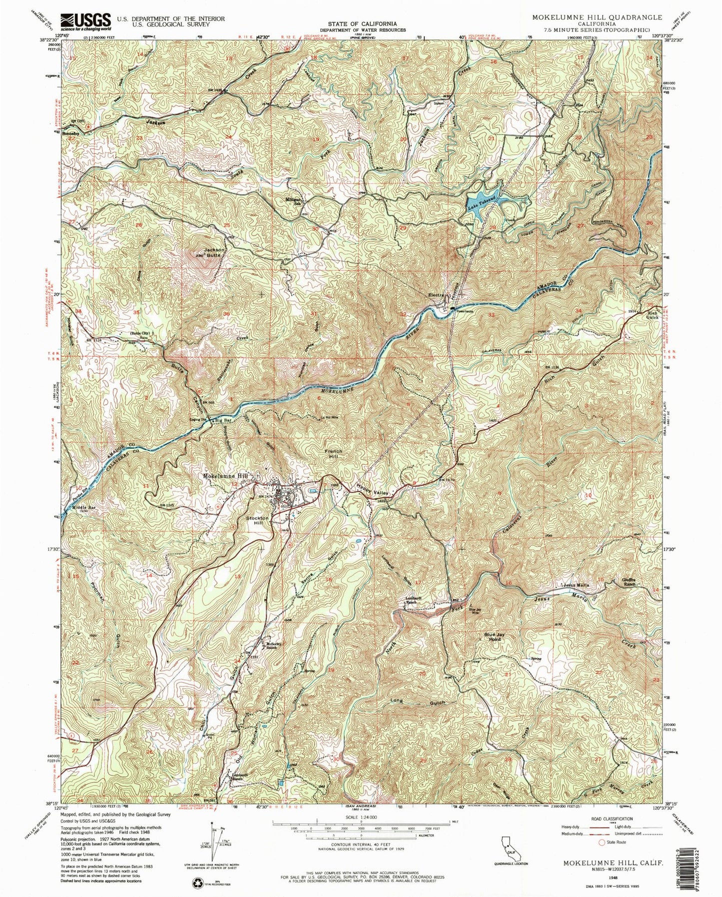 Classic USGS Mokelumne Hill California 7.5'x7.5' Topo Map Image