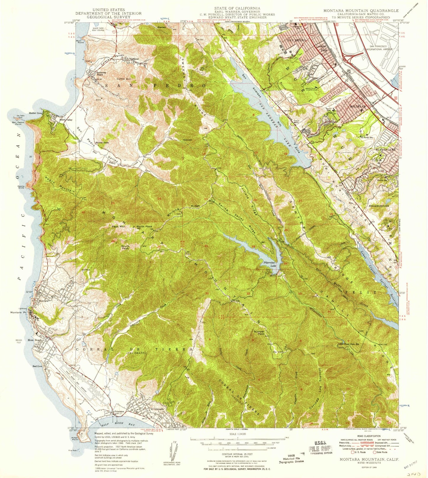 Classic USGS Montara Mountain California 7.5'x7.5' Topo Map Image