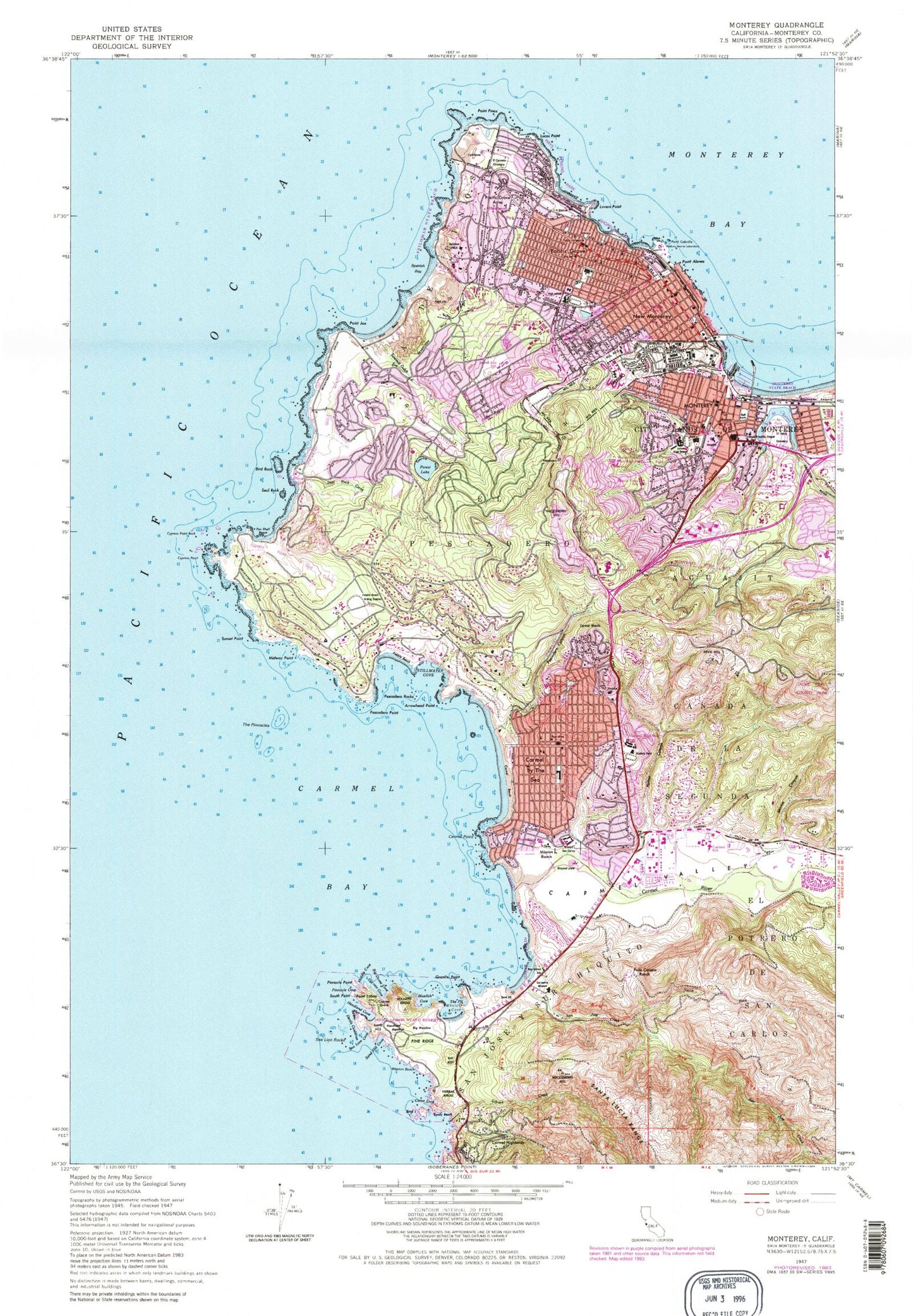 Classic USGS Monterey California 7.5'x7.5' Topo Map Image