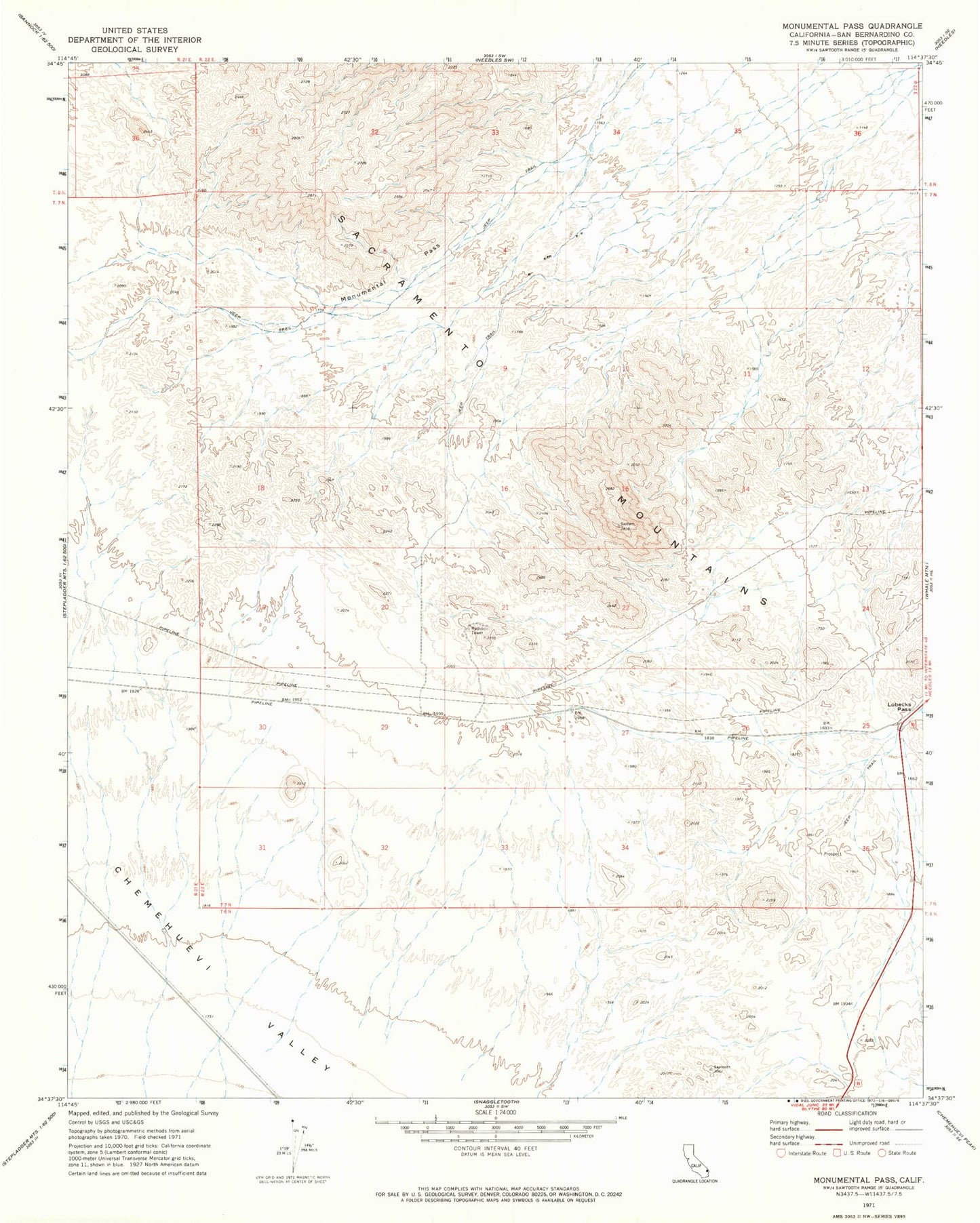 Classic USGS Monumental Pass California 7.5'x7.5' Topo Map Image