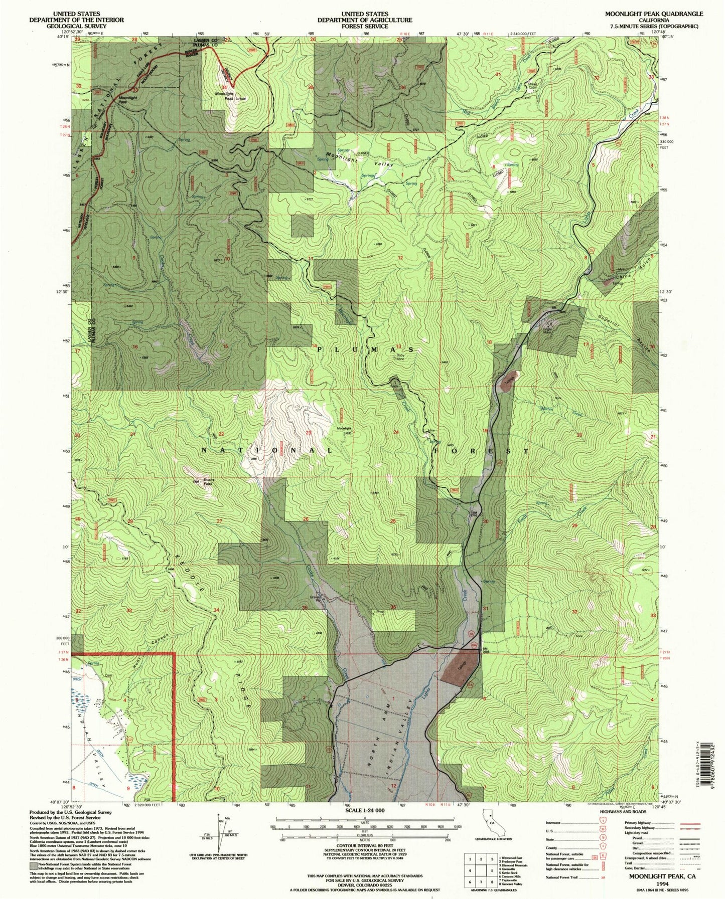 Classic USGS Moonlight Peak California 7.5'x7.5' Topo Map Image
