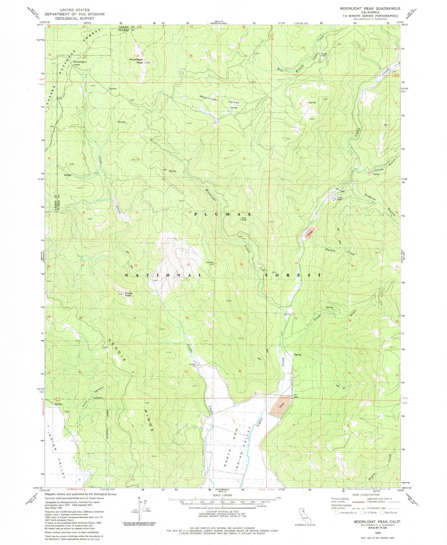 Classic USGS Moonlight Peak California 7.5'x7.5' Topo Map Image