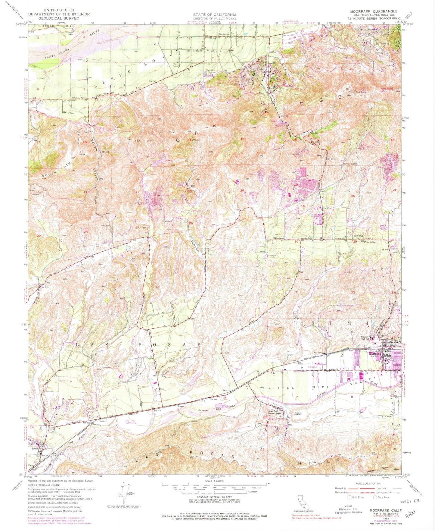 Classic USGS Moorpark California 7.5'x7.5' Topo Map Image